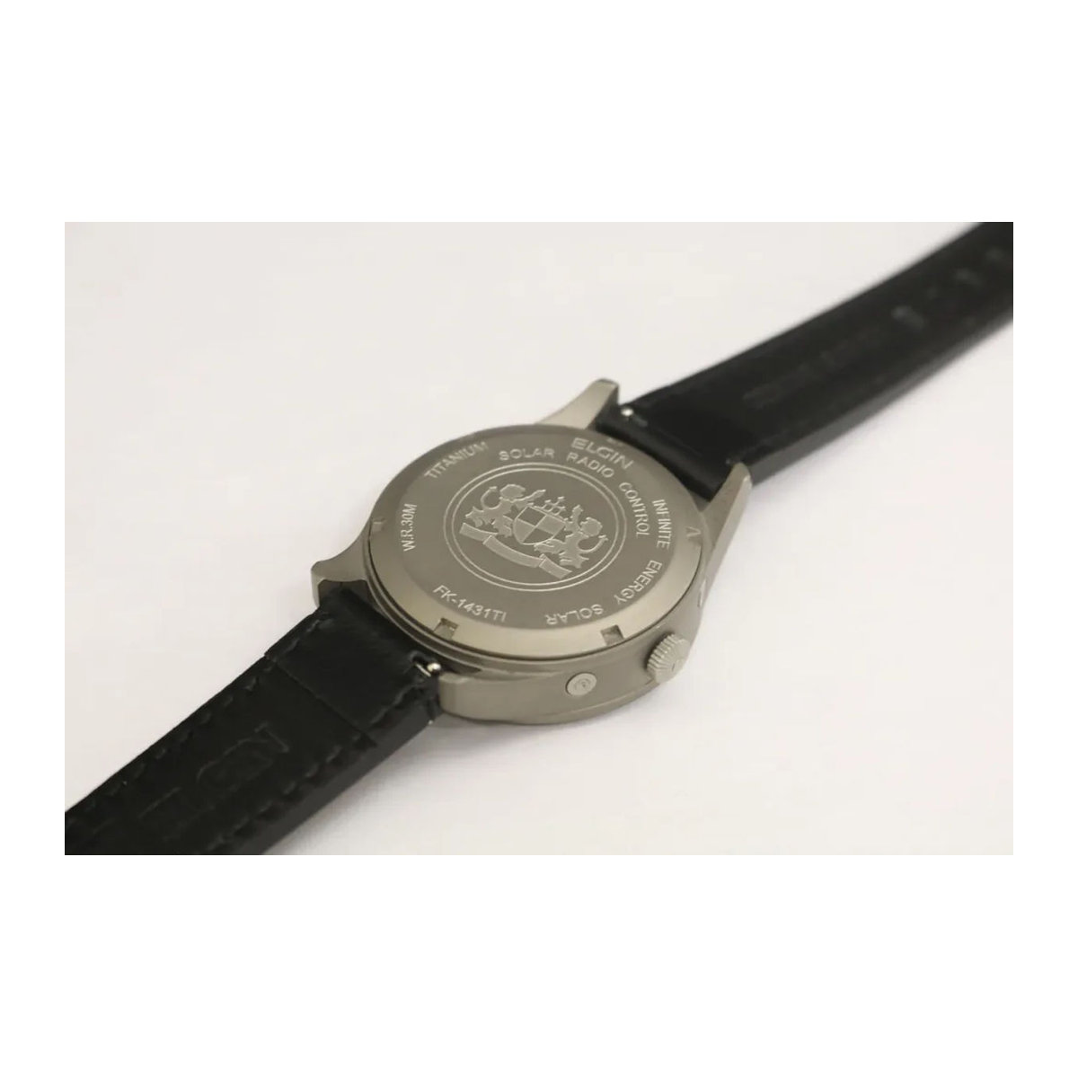 ELGIN Titanium Zonnewerk Radio-gestuurde Herren- und Damenuhr FK1431TI-GRP mit schwarzem Lederarmband und rundem Gehäuse - Bild 2