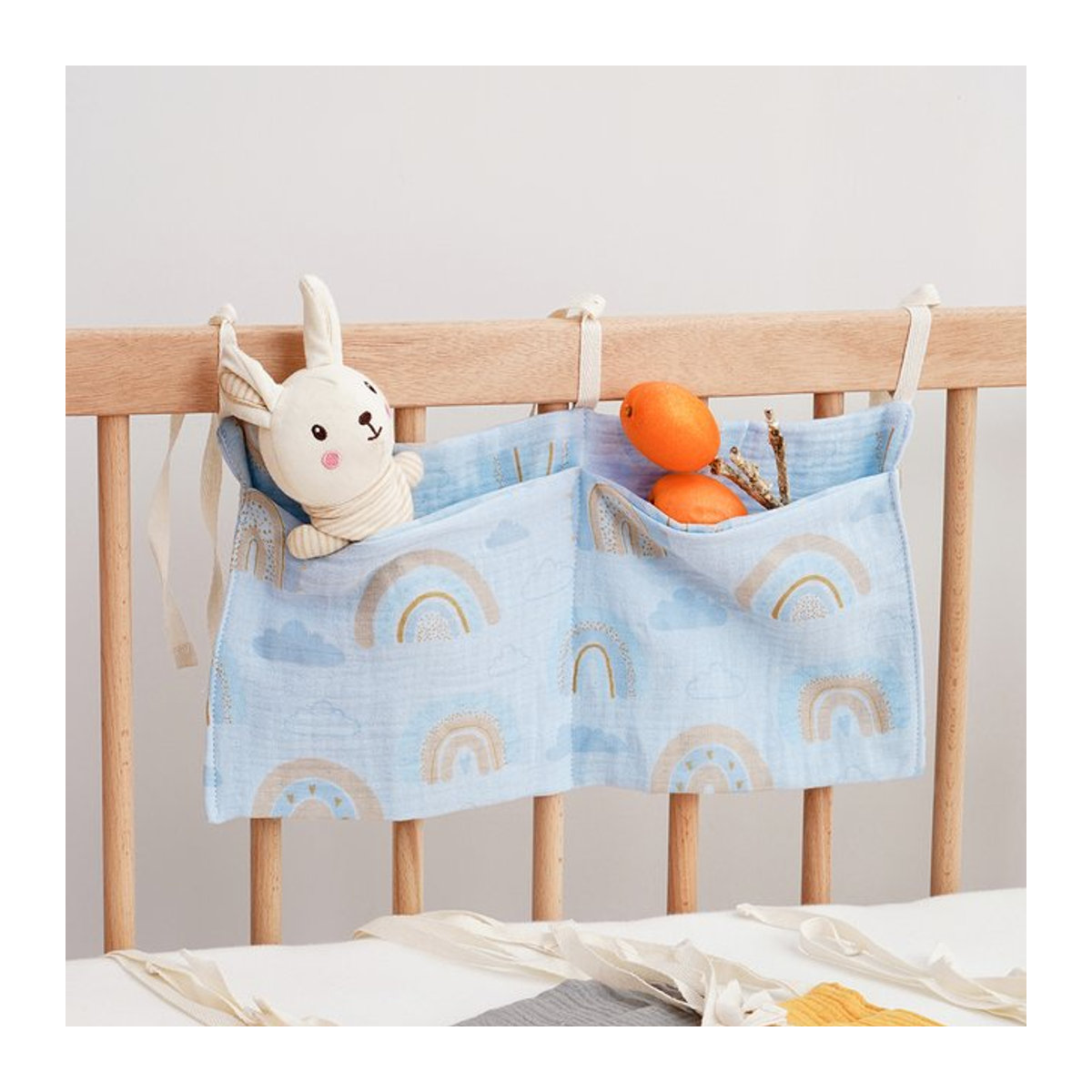 Elinfant Baby-Nachttisch-Aufbewahrungstasche aus 100 % Baumwolle in Blau als Kinderbett-Organizer und Hängetasche für Flaschen, Windeln und Spielzeug - Bild 1
