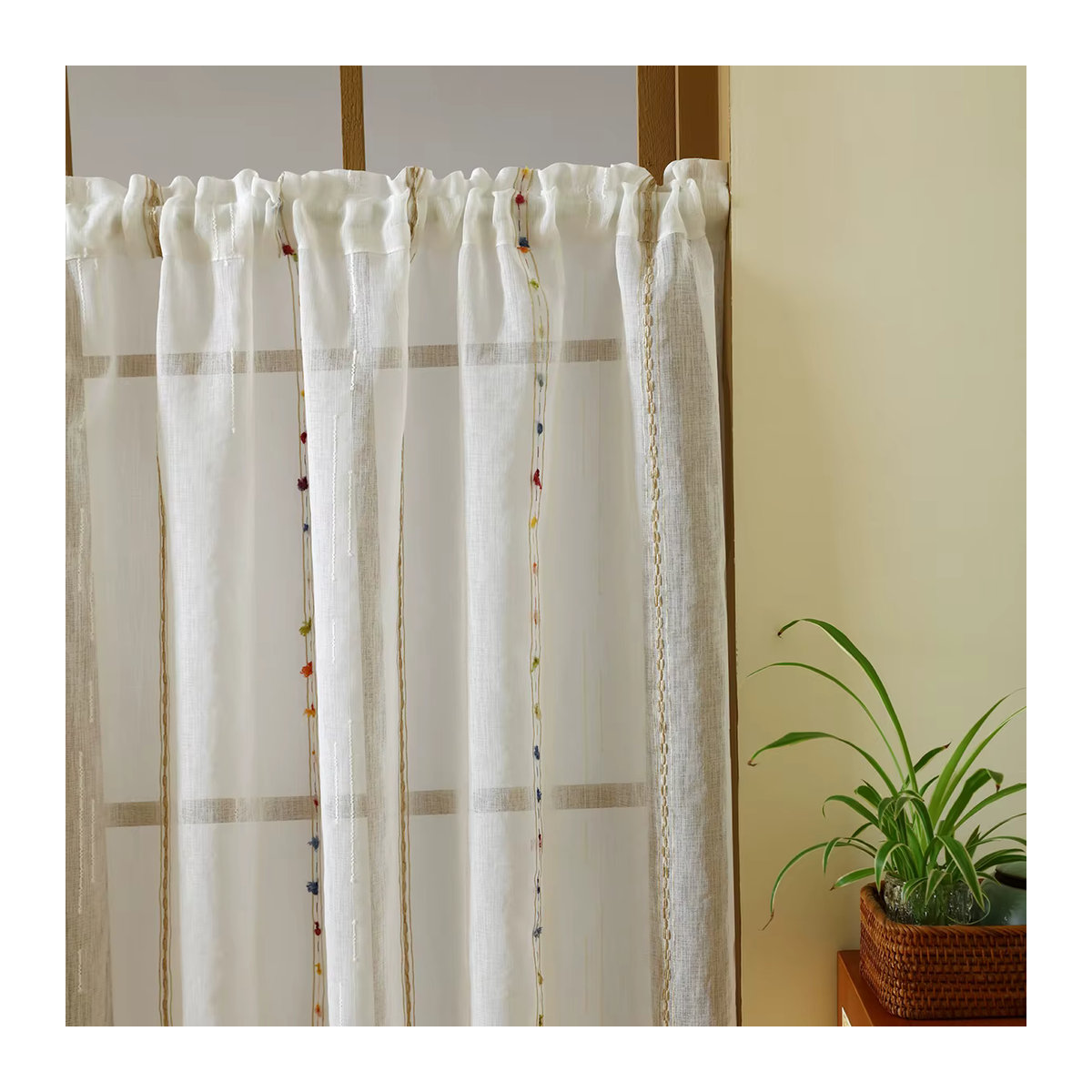 ELKCA Halber Fenstervorhang im nordischen Stil mit bunten Streifen und Pom Poms, mehrfarbig Weiß, semi-transparent - Bild 2