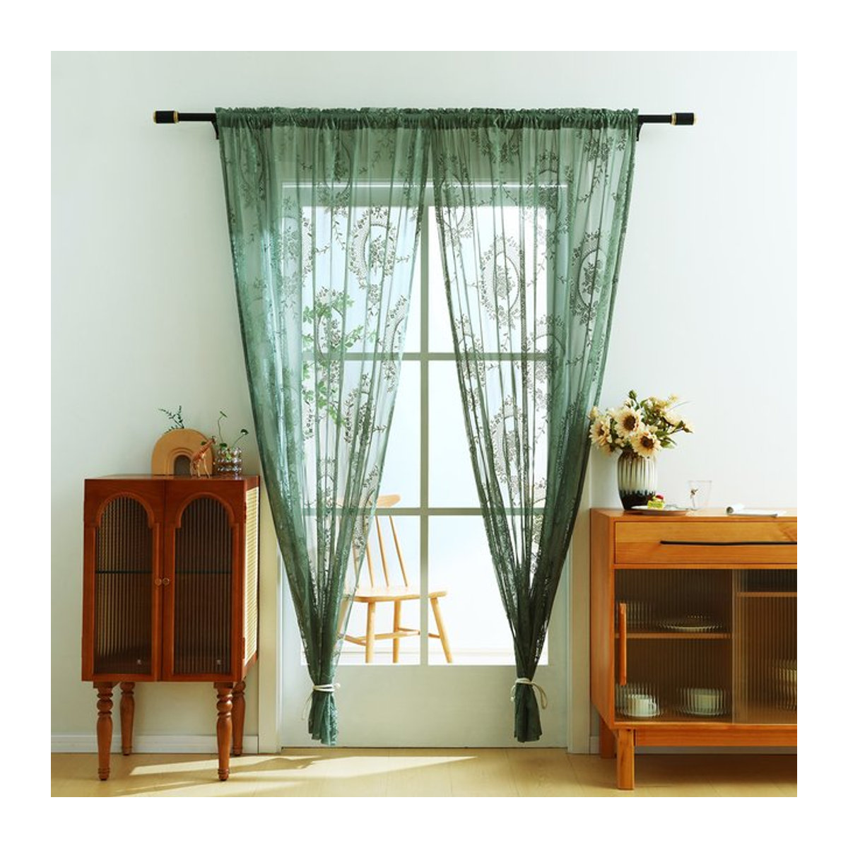 ELKCA Transparenter Gaze Vorhang mit grünem Spitzenblumenmuster für Wohnzimmer und Schlafzimmer - Bild 1