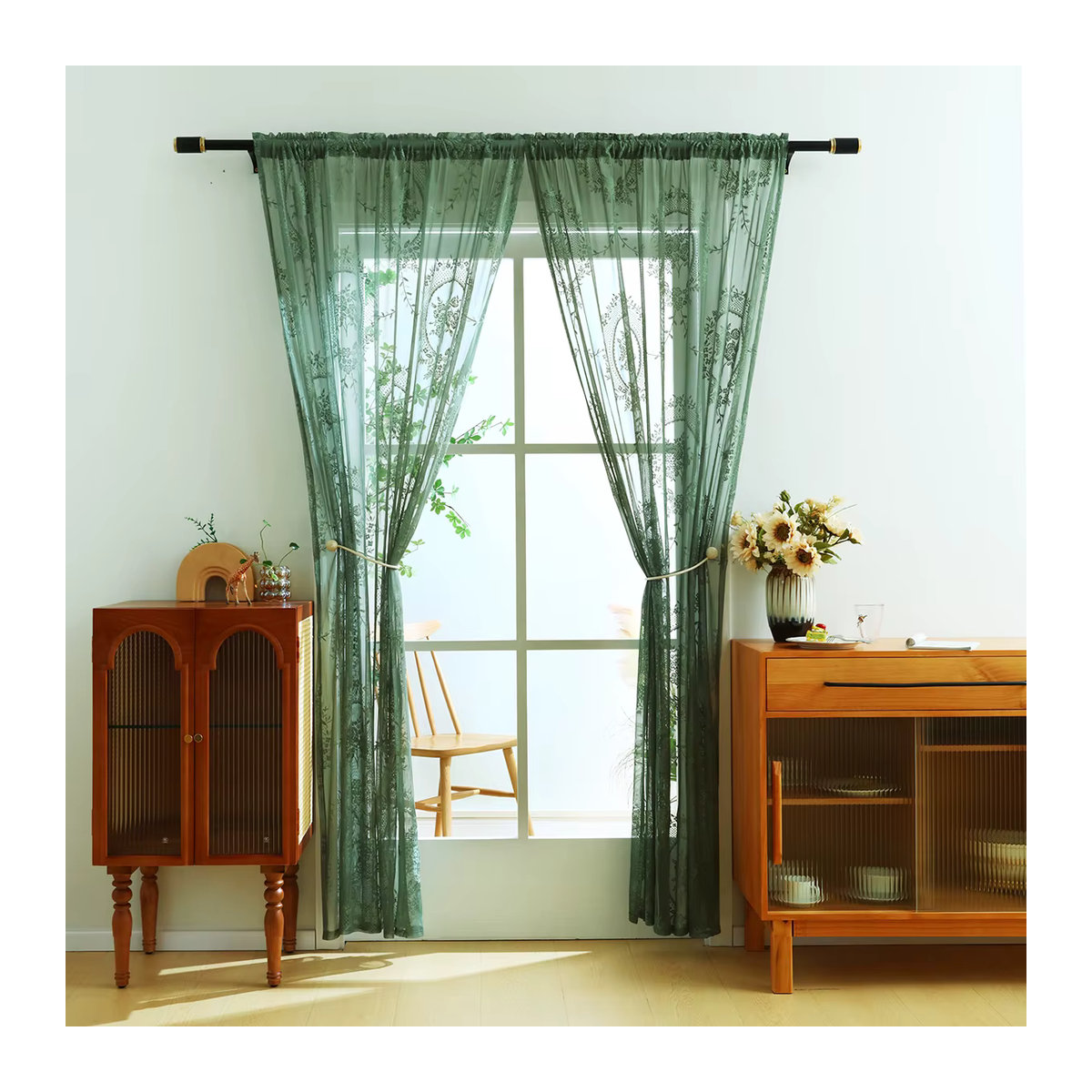 ELKCA Transparenter Gaze Vorhang mit grünem Spitzenblumenmuster für Wohnzimmer und Schlafzimmer - Bild 4