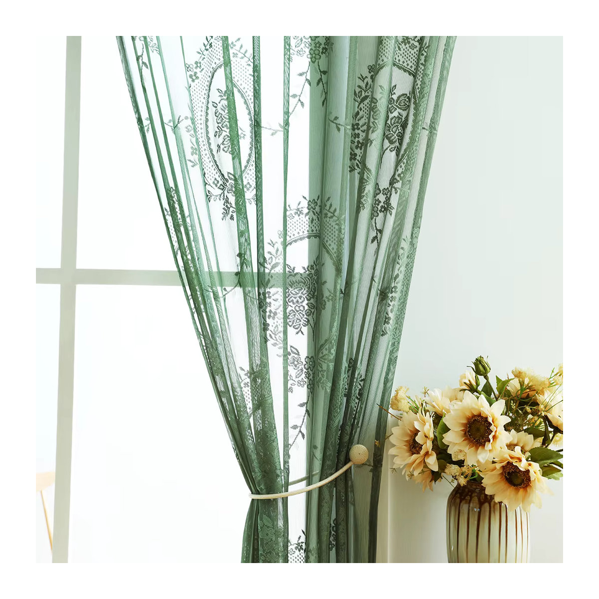 ELKCA Transparenter Gaze Vorhang mit grünem Spitzenblumenmuster für Wohnzimmer und Schlafzimmer - Bild 5