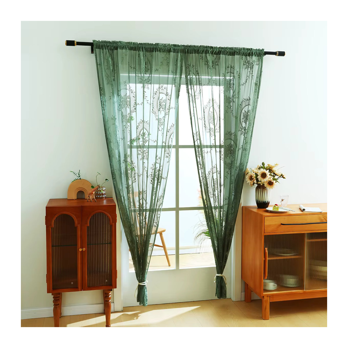 ELKCA Transparenter Gaze Vorhang mit grünem Spitzenblumenmuster für Wohnzimmer und Schlafzimmer - Bild 6