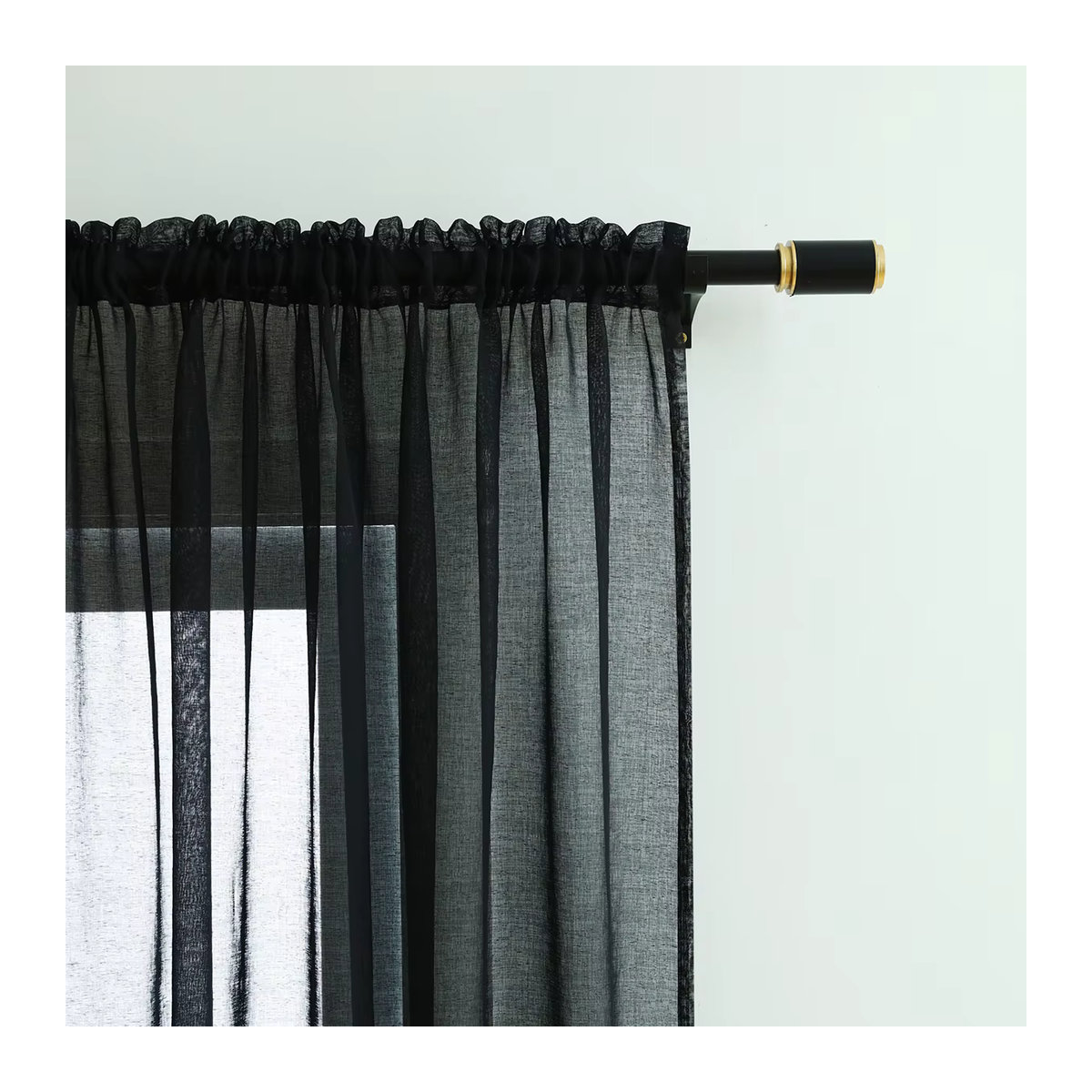 ELKCA Vorhang aus schwarzem Polyester-Gewebe, durchscheinender Mullvorhang in Schwarz mit Stangentasche zur Raumdekoration - Bild 2