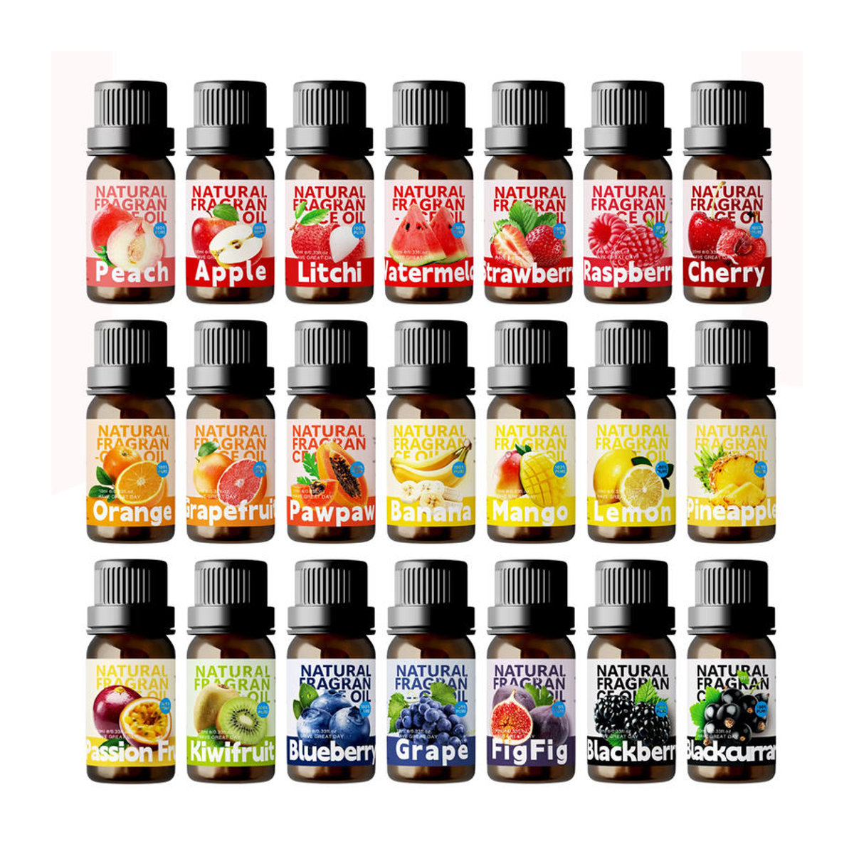 EMBRACEX Set mit 25 Sorten ätherischen Fruchtölen für Hautpflege, Diffusoren und Kerzenherstellung in Glasflaschen, mehrfarbig - Bild 4