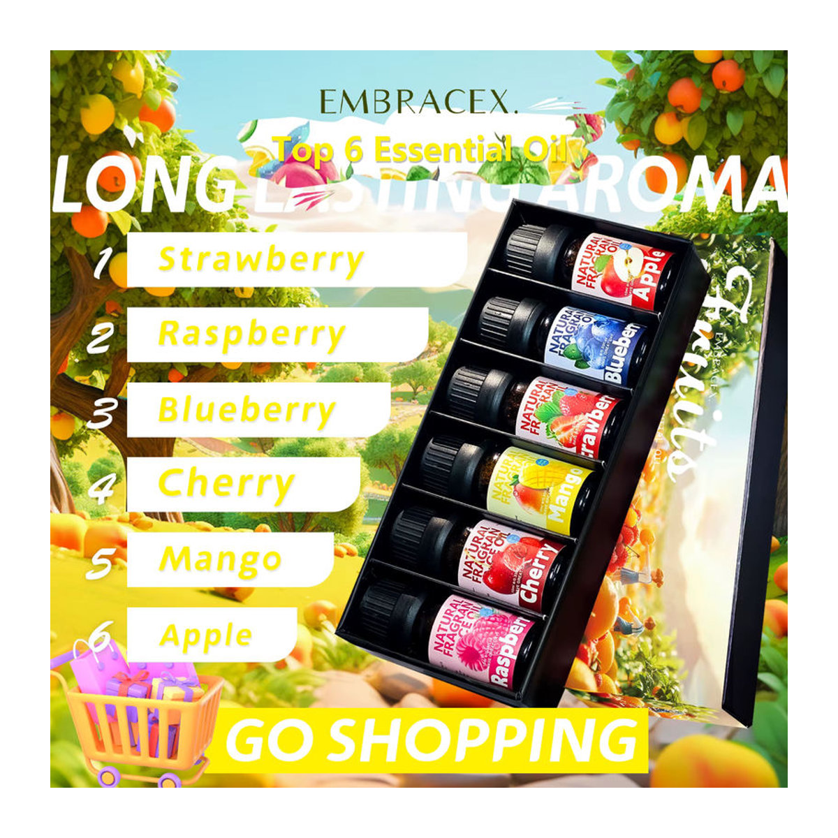 EMBRACEX Set mit 6 ätherischen Ölen aus natürlichen Kräuterextrakten in einer Geschenkbox, fruchtige und florale Düfte, mehrfarbig, Glas - Bild 4