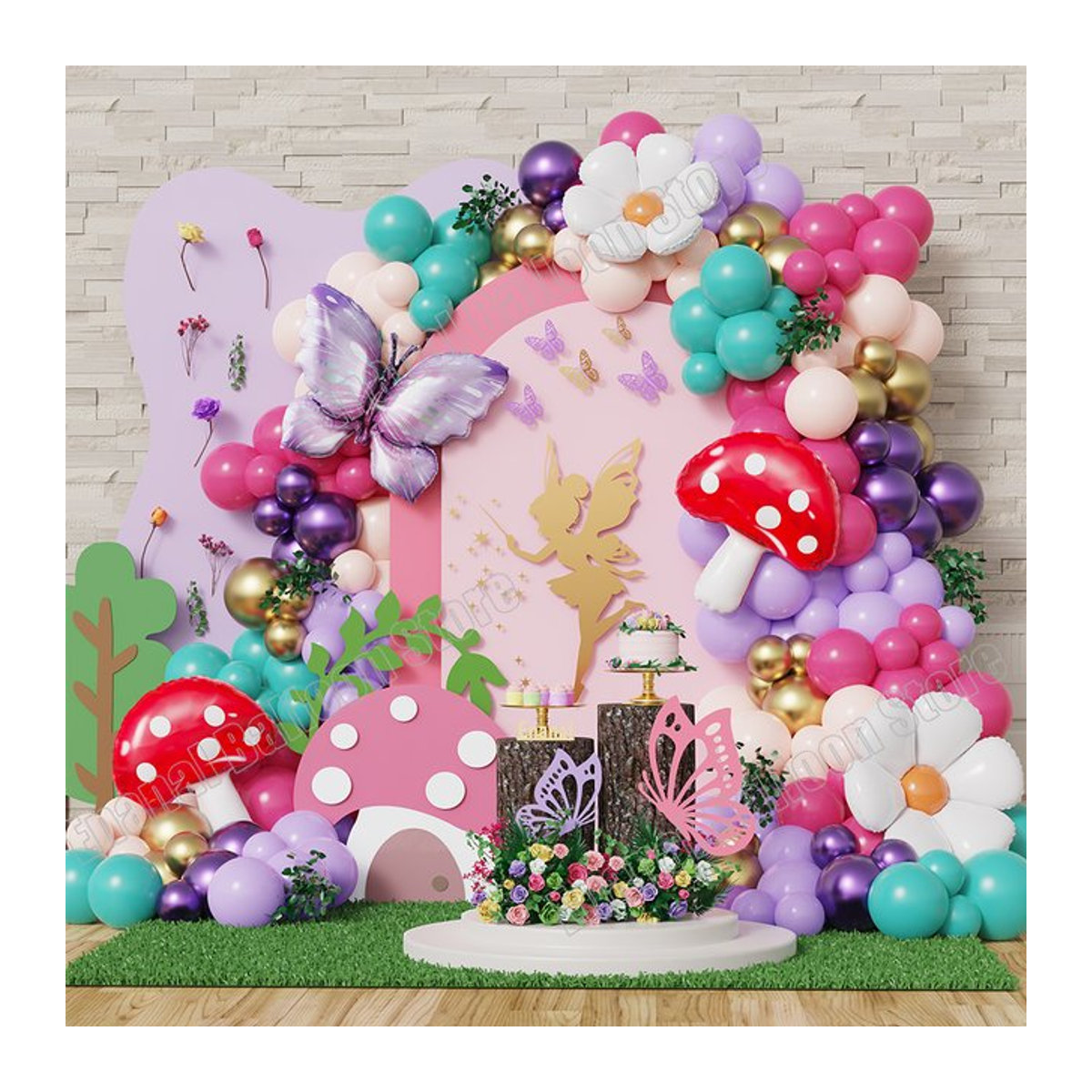 Enanal 147-teiliges Ballon-Set für Partydekoration mit Schmetterlingen, Gänseblümchen und Pilzen in Mehrfarbig für Geburtstag, Hochzeit oder Baby Shower - Bild 1