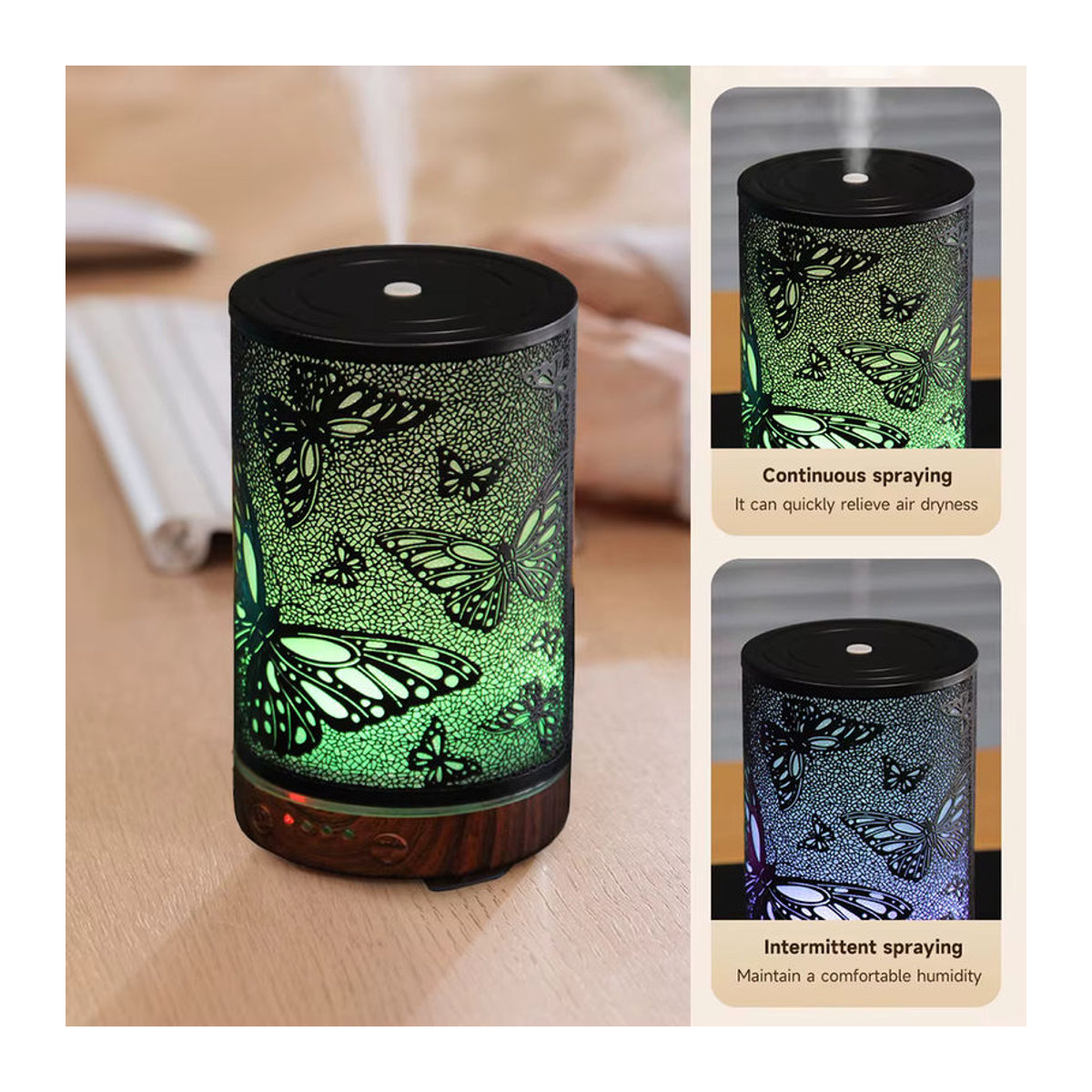 ENGRANVES Iron Art Ultraschall-Aromadiffusor mit LED-Leuchten und Timing-Funktion, 100 ml, Schwarz/Mehrfarbig, Metall und Holz - Bild 2