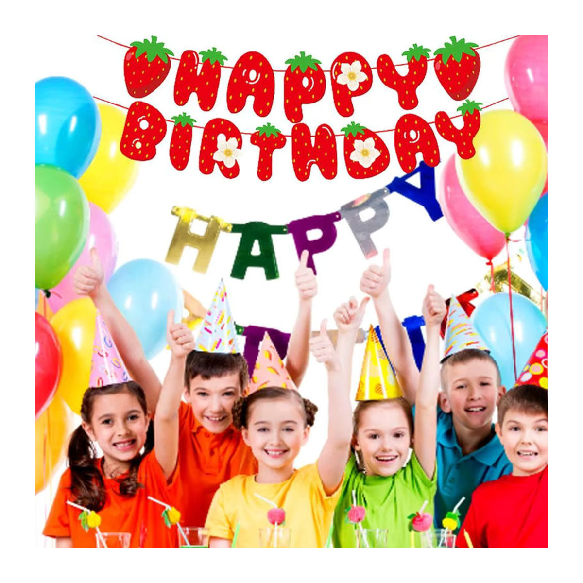 Erdbeere Geburtstag Banner Rot mit Buchstaben als hängende Partydekoration für Kinder aus Papier - Bild 4