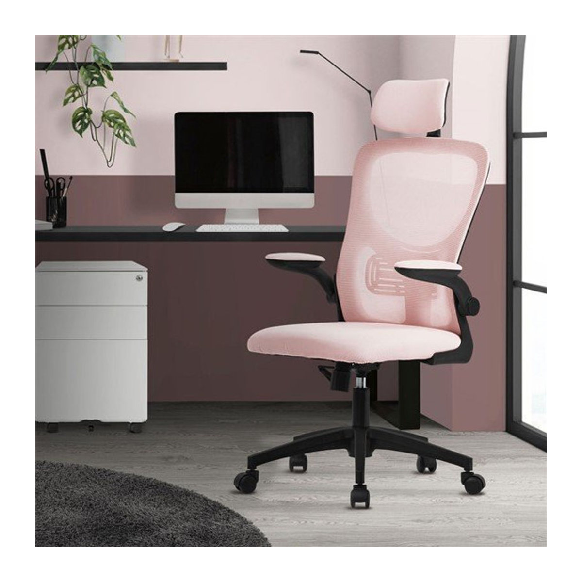 Ergonomischer Bürostuhl ML-Design in Rosa aus Mesh mit verstellbarer Kopfstütze und Lendenwirbelstütze, B/T/H: 60,5 x 47 x 9 cm - Bild 2