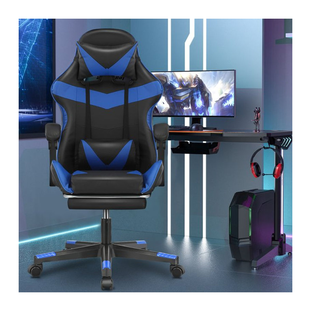 Ergonomischer Gaming Stuhl mit Massagefunktion und Kopfstütze, gepolsterter Drehsessel aus Kunstleder, Schwarz/Blau, Belastbarkeit bis 150 kg - Bild 1