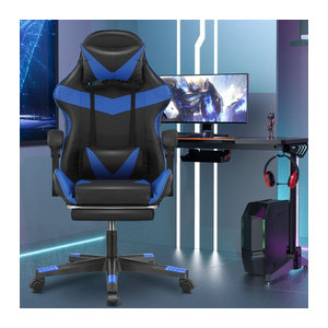 Ergonomischer Gaming Stuhl mit Massagefunktion und Kopfstütze, gepolsterter Drehsessel aus Kunstleder, Schwarz/Blau, Belastbarkeit bis 150 kg