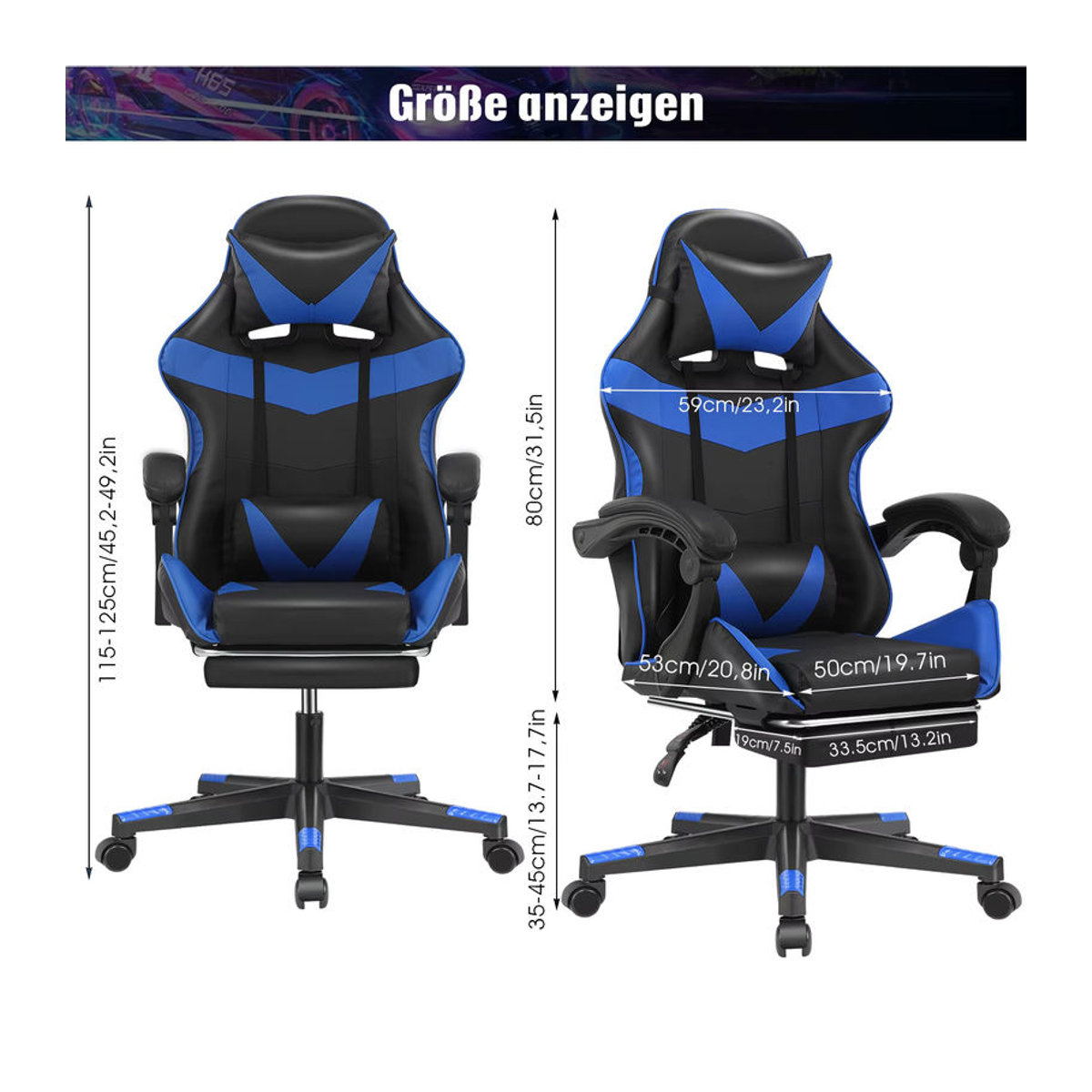 Ergonomischer Gaming Stuhl mit Massagefunktion und Kopfstütze, gepolsterter Drehsessel aus Kunstleder, Schwarz/Blau, Belastbarkeit bis 150 kg - Bild 2