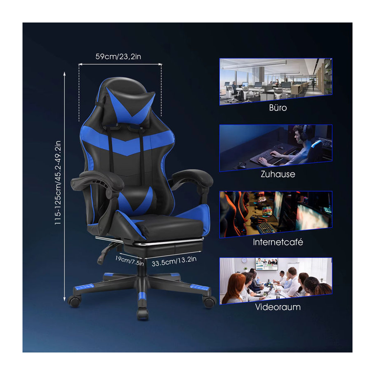 Ergonomischer Gaming Stuhl mit Massagefunktion und Kopfstütze, gepolsterter Drehsessel aus Kunstleder, Schwarz/Blau, Belastbarkeit bis 150 kg - Bild 3