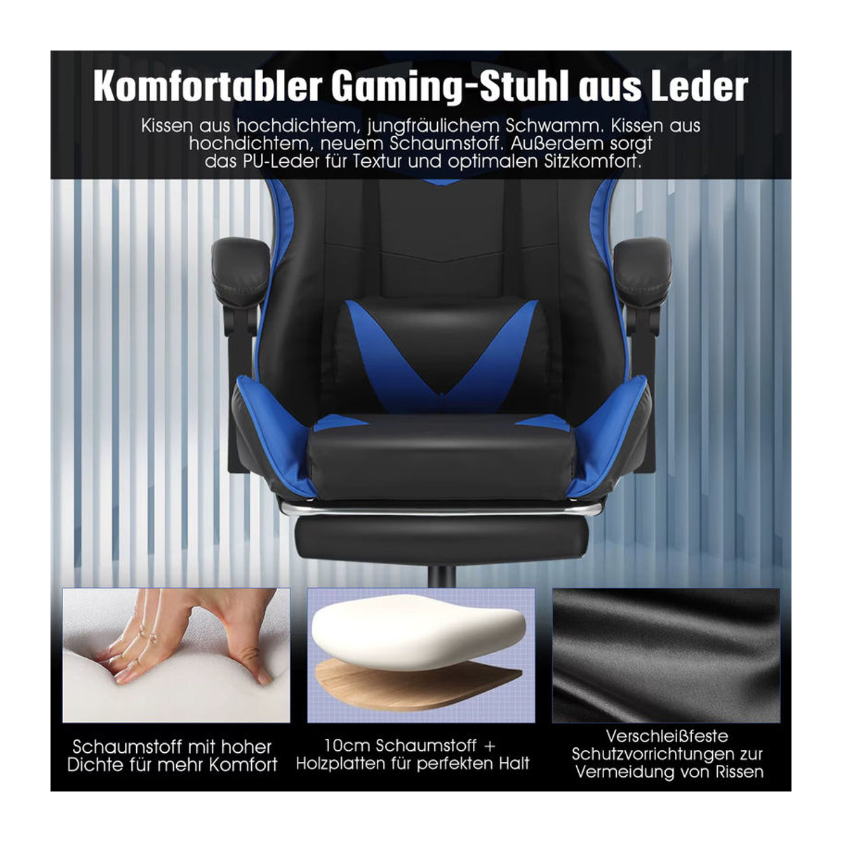 Ergonomischer Gaming Stuhl mit Massagefunktion und Kopfstütze, gepolsterter Drehsessel aus Kunstleder, Schwarz/Blau, Belastbarkeit bis 150 kg - Bild 4