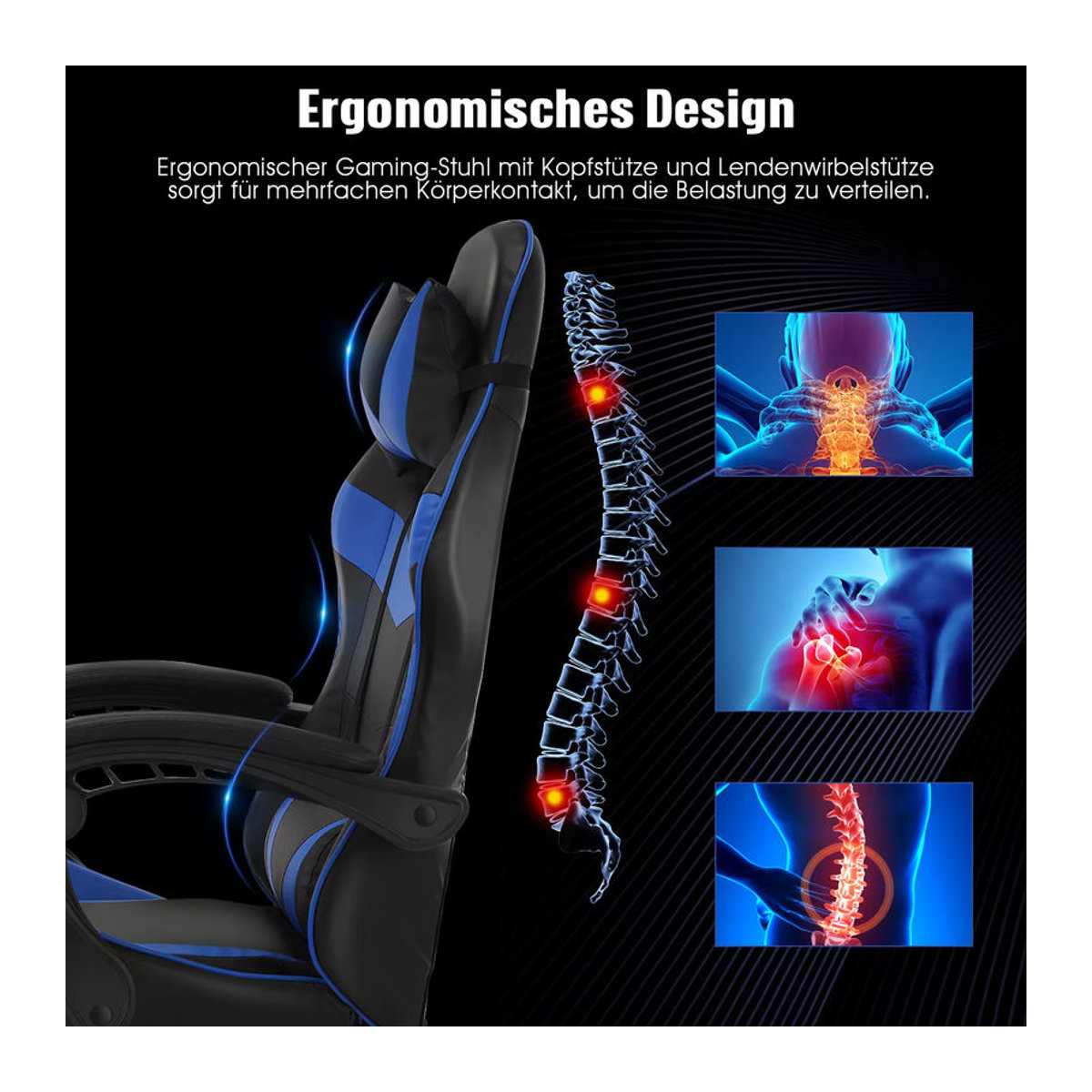 Ergonomischer Gaming Stuhl mit Massagefunktion und Kopfstütze, gepolsterter Drehsessel aus Kunstleder, Schwarz/Blau, Belastbarkeit bis 150 kg - Bild 5