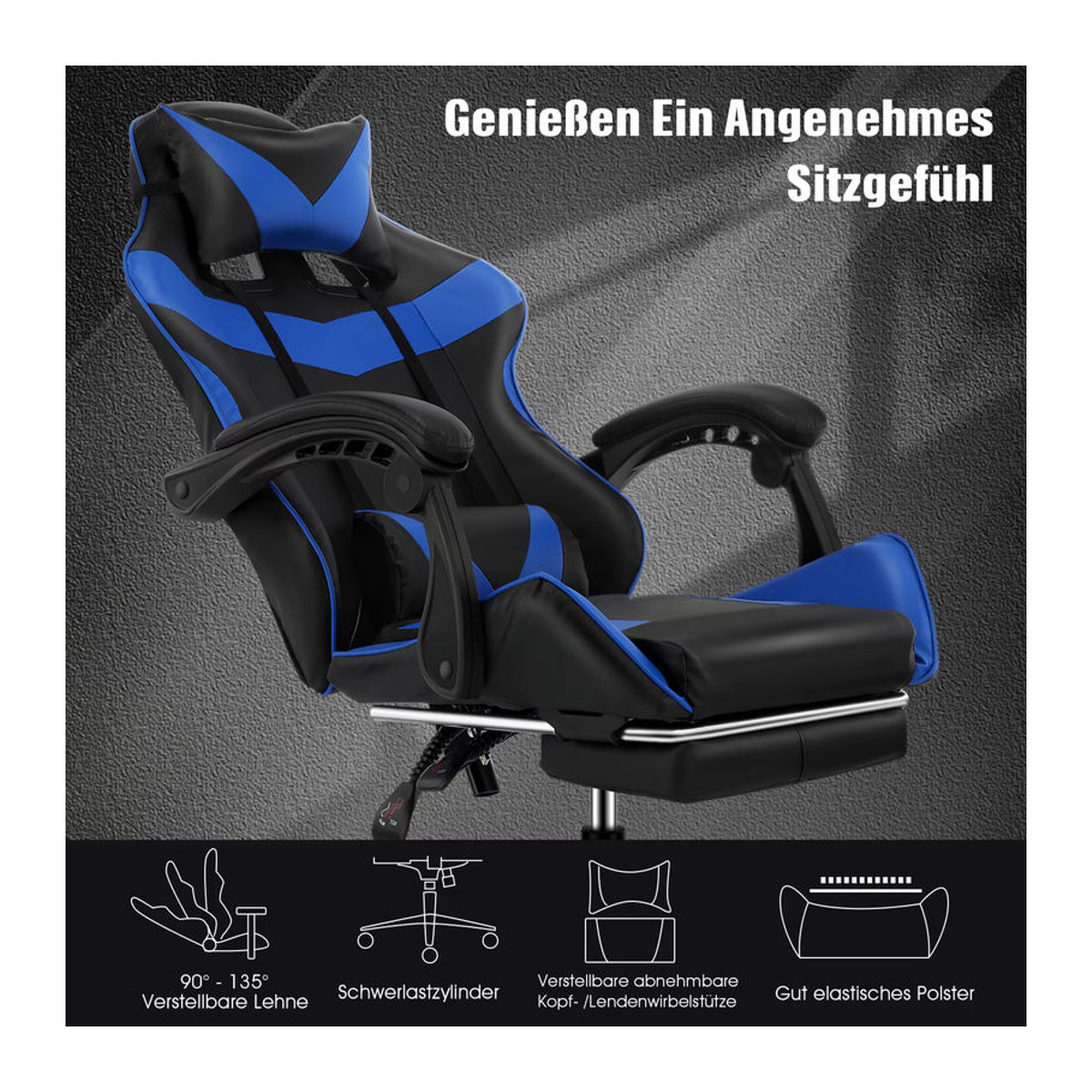 Ergonomischer Gaming Stuhl mit Massagefunktion und Kopfstütze, gepolsterter Drehsessel aus Kunstleder, Schwarz/Blau, Belastbarkeit bis 150 kg - Bild 6