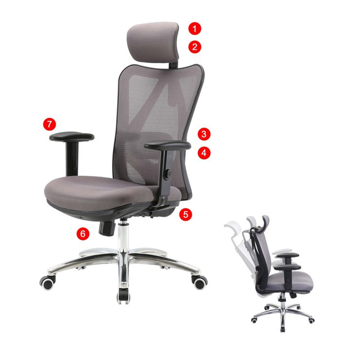 Ergonomischer SIHOO Bürostuhl in Grau mit verstellbarer Lordosenstütze für Erwachsene - Bild 1