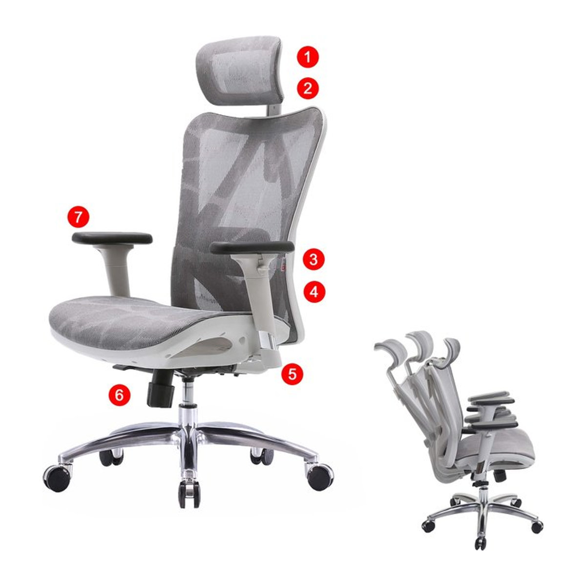Ergonomischer SIHOO Bürostuhl mit verstellbaren Armlehnen in Grau und weißem Gestell, belastbar bis 150 kg - Bild 1