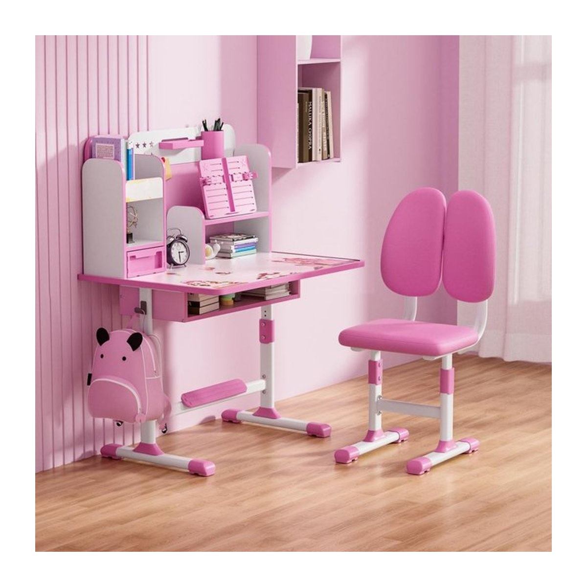 Ergonomisches Kinder Schreibtisch und Stuhl Set in Rosa mit Buchständer, höhenverstellbares Lernmöbel-Set für Kinder aus Metall - Bild 1