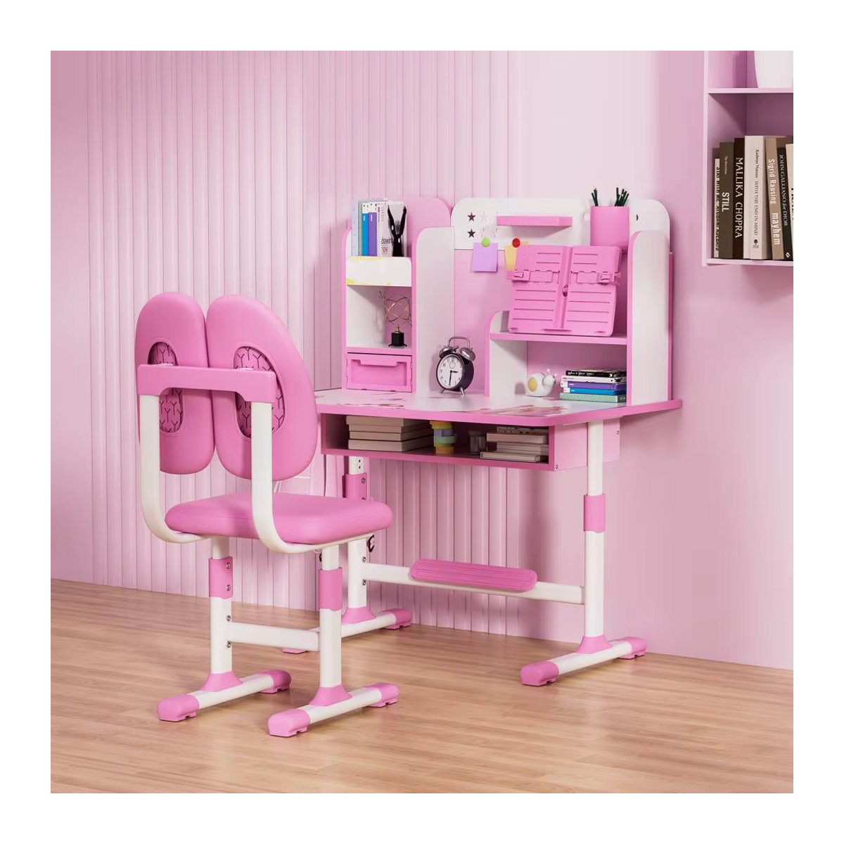 Ergonomisches Kinder Schreibtisch und Stuhl Set in Rosa mit Buchständer, höhenverstellbares Lernmöbel-Set für Kinder aus Metall - Bild 2
