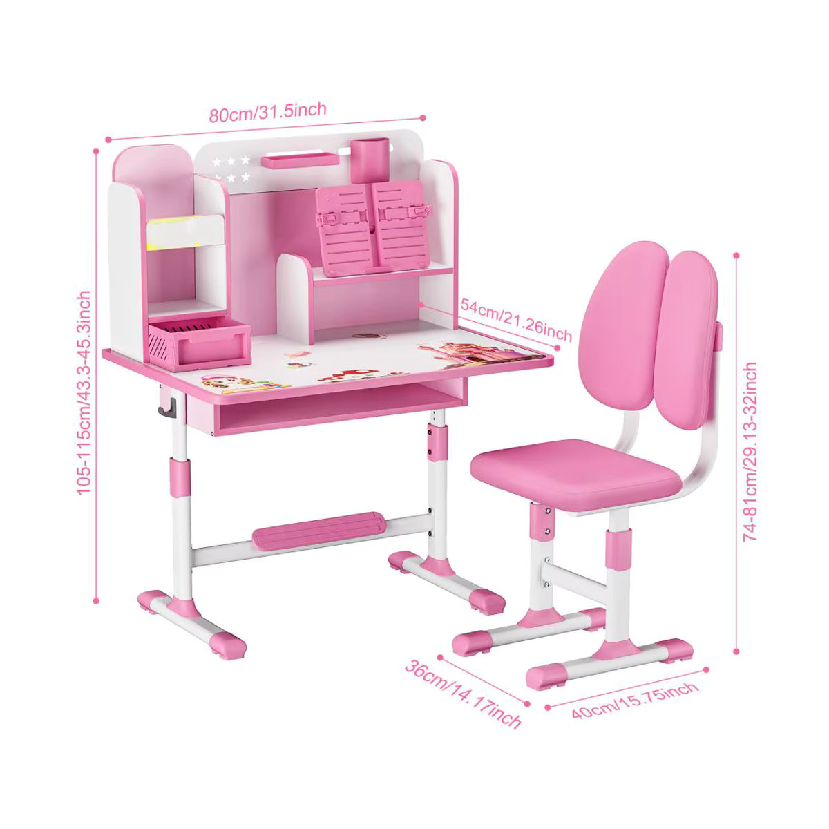Ergonomisches Kinder Schreibtisch und Stuhl Set in Rosa mit Buchständer, höhenverstellbares Lernmöbel-Set für Kinder aus Metall - Bild 3
