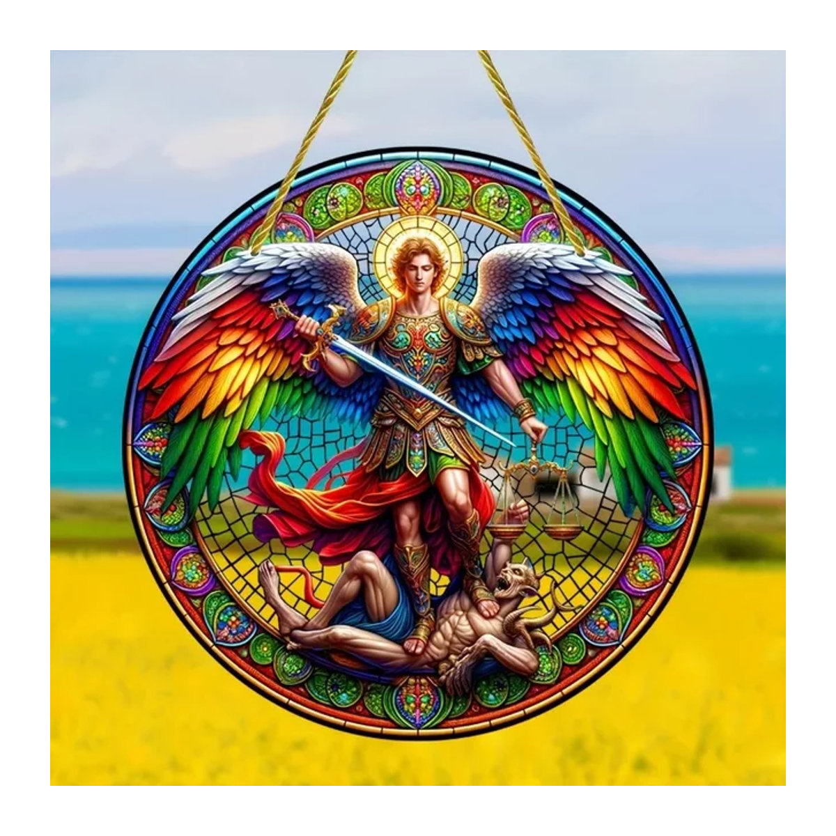 Erzengel St. Michael Bunter Sonnenfänger aus Acryl, runder Fensterbehang in Mehrfarbig für Haus und Garten - Bild 1