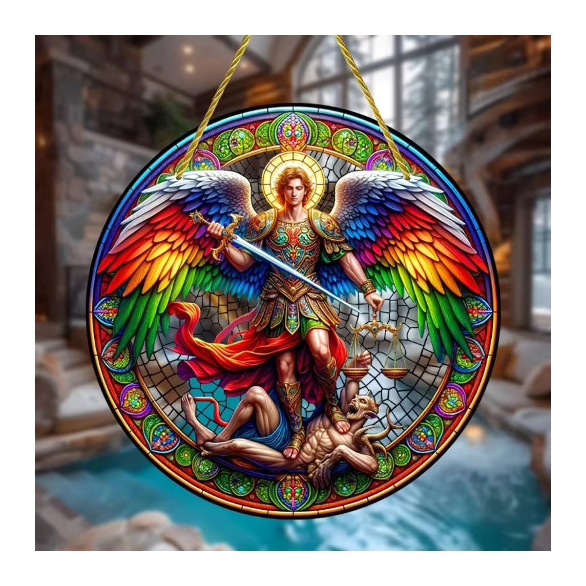 Erzengel St. Michael Bunter Sonnenfänger aus Acryl, runder Fensterbehang in Mehrfarbig für Haus und Garten - Bild 3