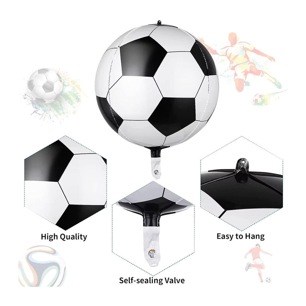 EsenTroye 4D Fußballballon in Weiß, runde Kugel für Helium, Durchmesser: 55,9 cm, Fußball-Partydekoration für Kinder - Bild 6