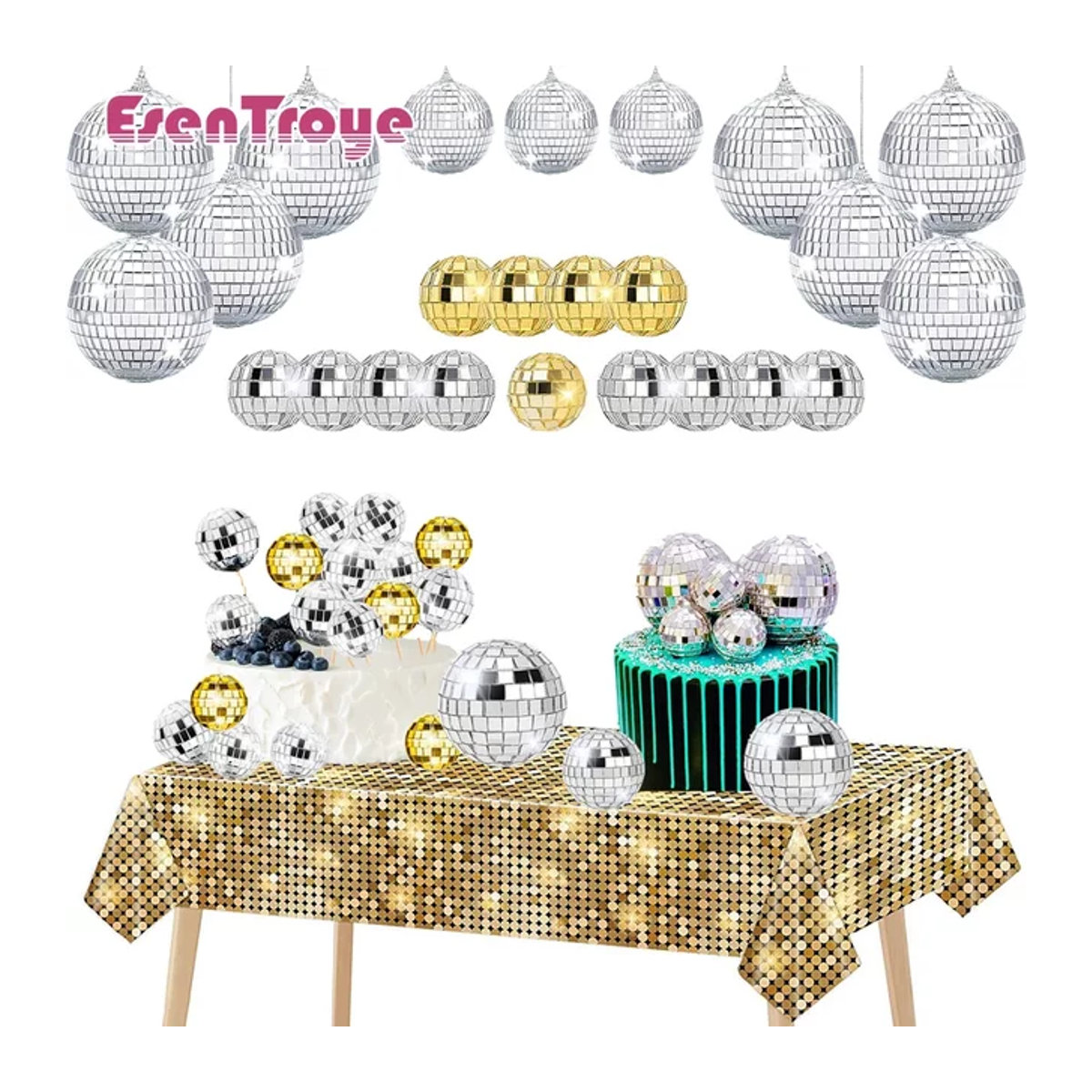 EsenTroye Disco Spiegel Ball Deko Set aus Kunststoff in Silber für Geburtstag und Hochzeit als Kuchen Topper und hängender Anhänger - Bild 1