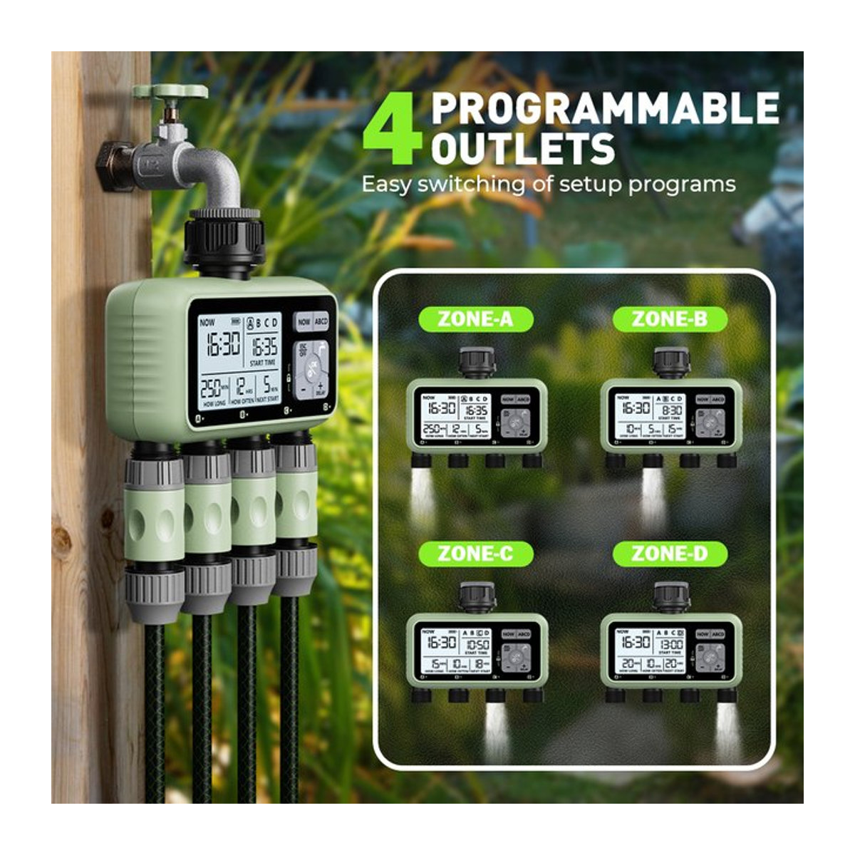 Eshico Digitaler Automatischer Bewässerungstimer HCT-379 mit LCD-Display, 4-Zonen-Sprinklersteuerung, Grün - Bild 1