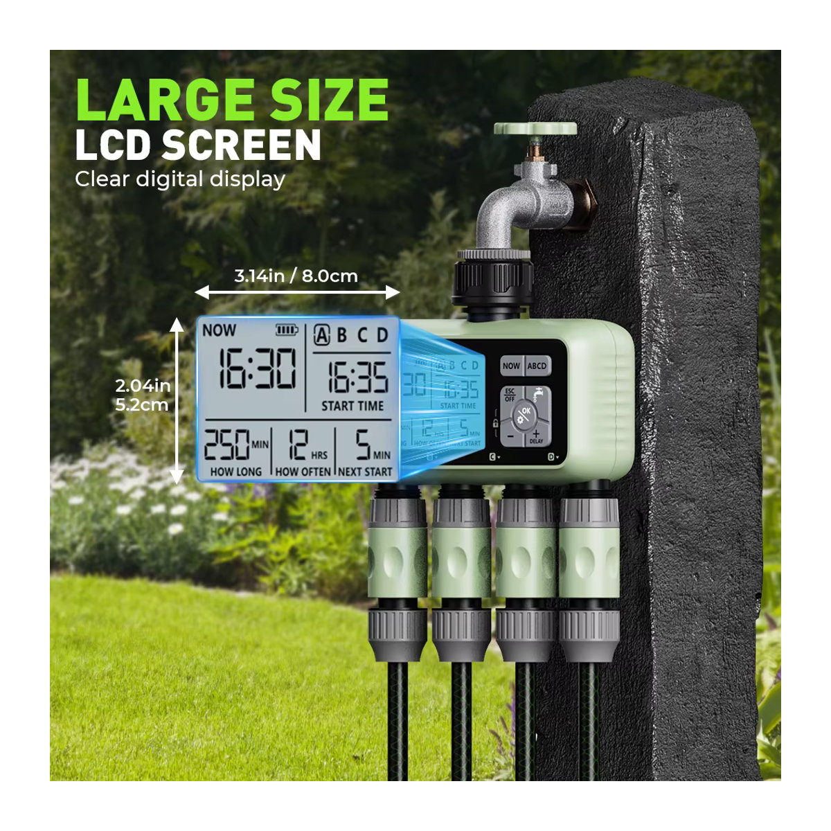 Eshico Digitaler Automatischer Bewässerungstimer HCT-379 mit LCD-Display, 4-Zonen-Sprinklersteuerung, Grün - Bild 2