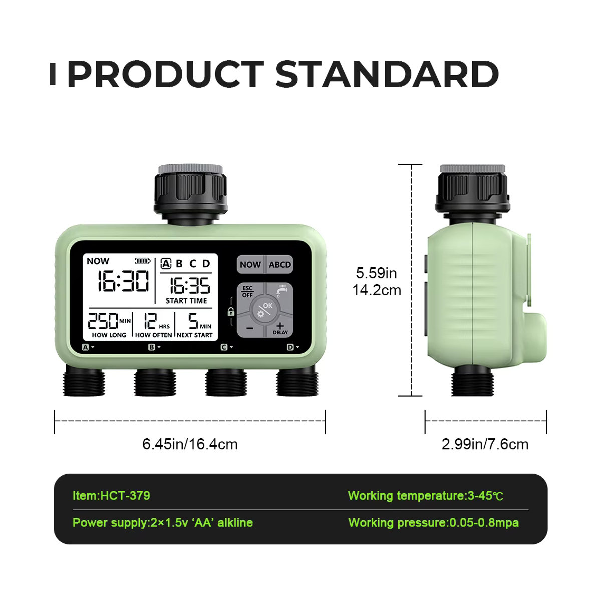Eshico Digitaler Automatischer Bewässerungstimer HCT-379 mit LCD-Display, 4-Zonen-Sprinklersteuerung, Grün - Bild 3