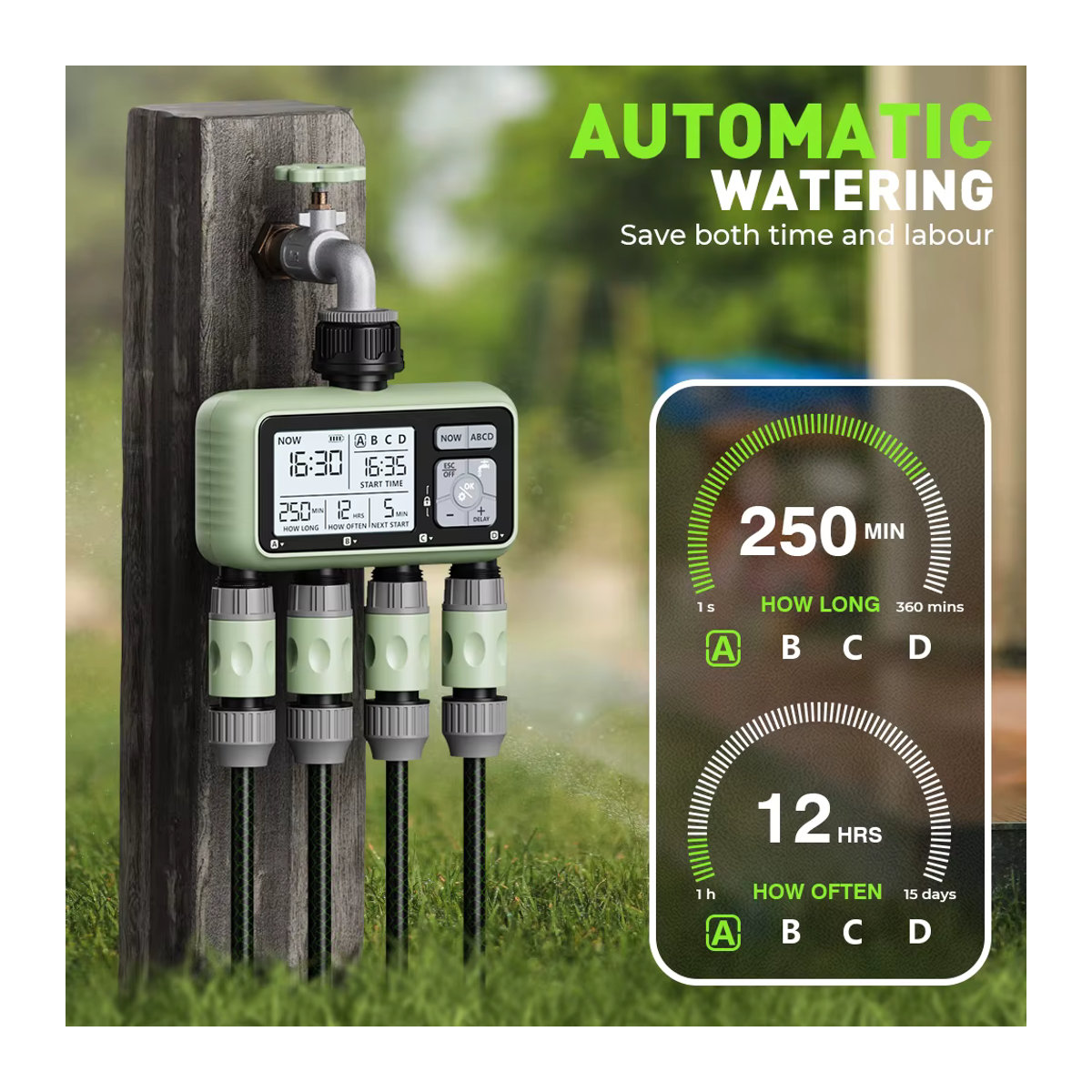 Eshico Digitaler Automatischer Bewässerungstimer HCT-379 mit LCD-Display, 4-Zonen-Sprinklersteuerung, Grün - Bild 4