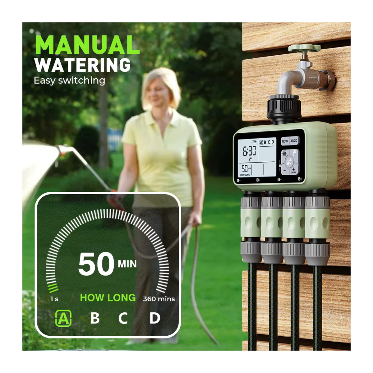 Eshico Digitaler Automatischer Bewässerungstimer HCT-379 mit LCD-Display, 4-Zonen-Sprinklersteuerung, Grün - Bild 5