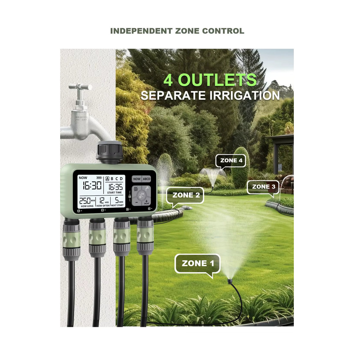 Eshico Digitaler Automatischer Bewässerungstimer HCT-379 mit LCD-Display, 4-Zonen-Sprinklersteuerung, Grün - Bild 6