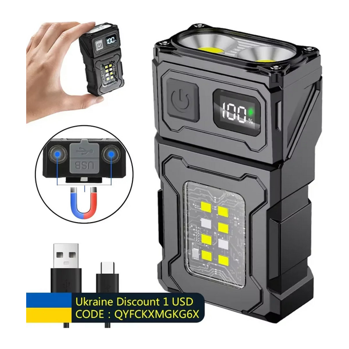 ESMARTER MINI USB wiederaufladbare LED-Taschenlampe mit Schwanzmagnet und seitlichem COB-Notlicht in Superhell für Camping und unterwegs - Bild 1