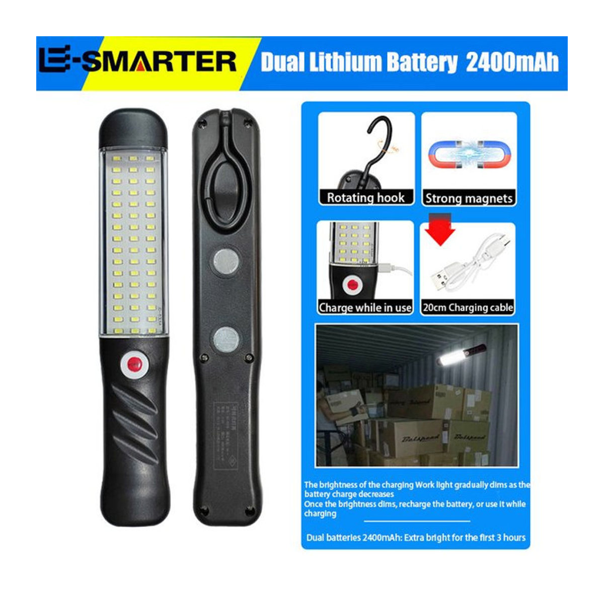 ESMARTER Tragbare LED Nachtlampe mit Magnet und 3 Beleuchtungsmodi, Wiederaufladbares Flutlicht für Auto-Reparatur, Camping und Notfälle - Bild 1