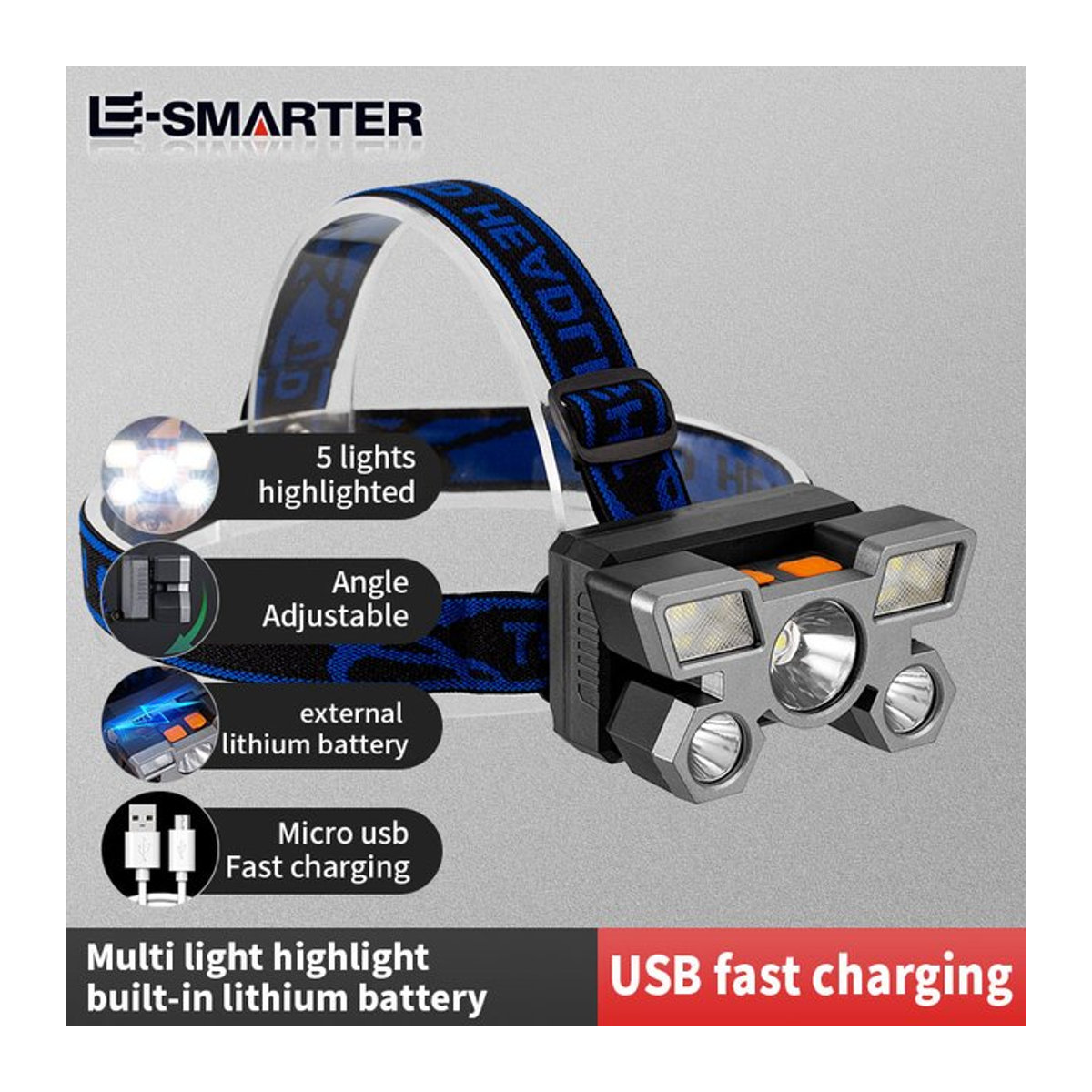 ESMARTER USB wiederaufladbarer LED-Scheinwerfer mit eingebautem Akku für Camping und Angeln - Bild 1