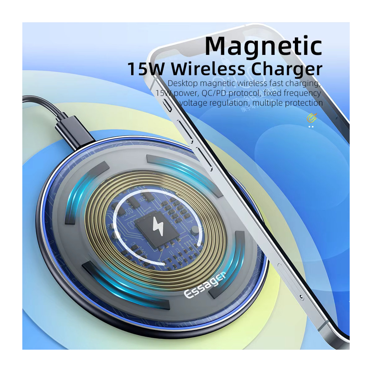 Essager 15 W Schnelles Drahtloses Ladegerät für iPhone 14 13 12, AirPods, Samsung S22 S10, Xiaomi und LG – Sichtbares Qi Wireless Lade-Pad - Bild 3
