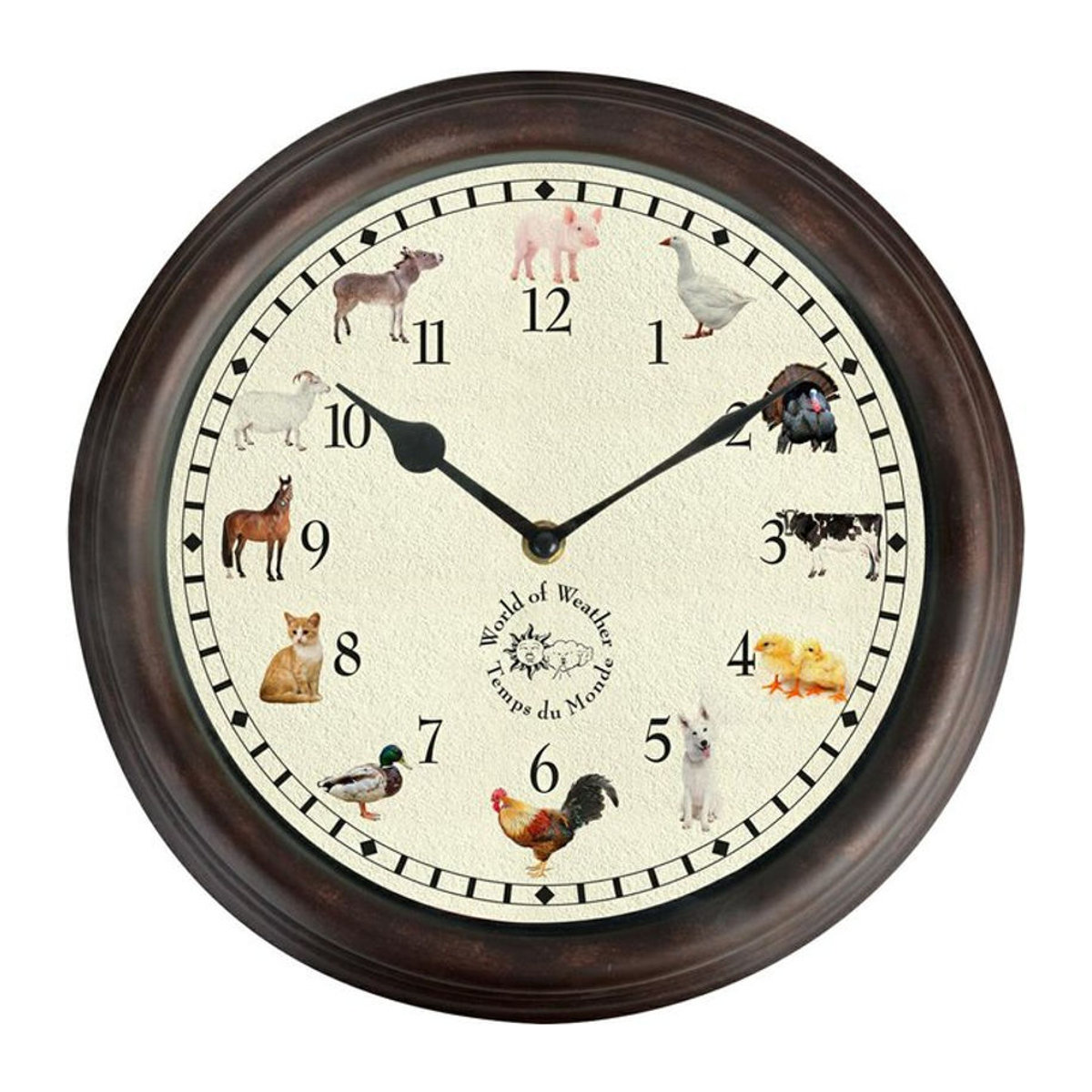 Esschert Design Wanduhr Analog Rund in Braun mit Tiergeräuschen im Landhausstil für Kinder - Bild 1