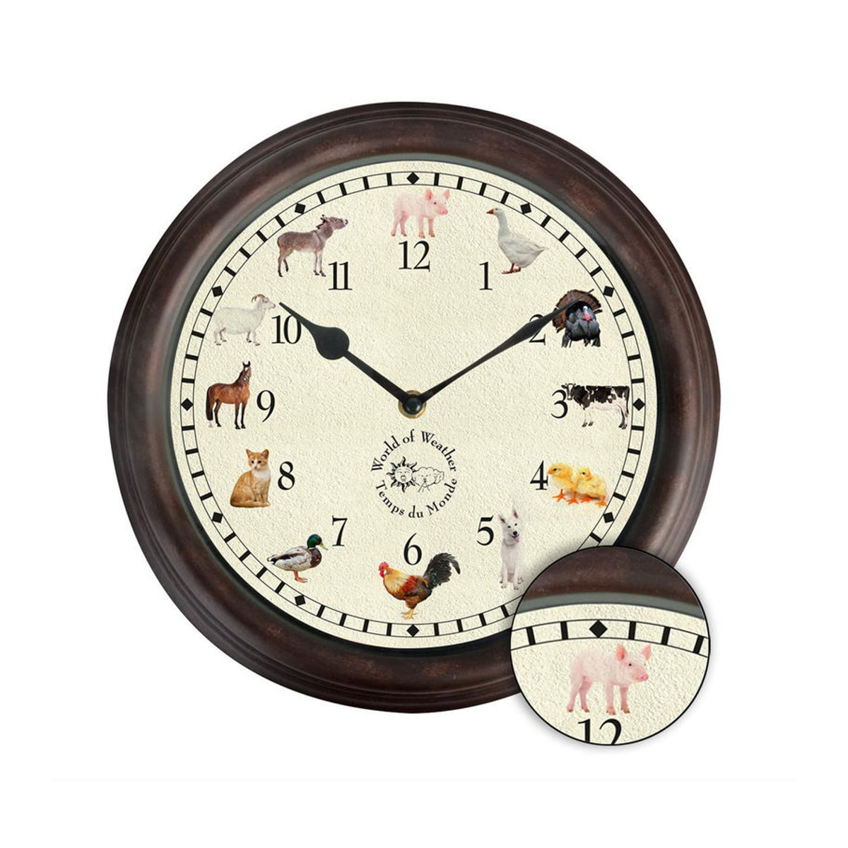 Esschert Design Wanduhr Analog Rund in Braun mit Tiergeräuschen im Landhausstil für Kinder - Bild 2