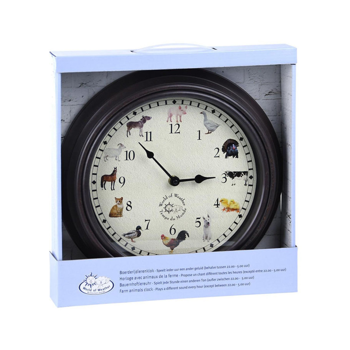 Esschert Design Wanduhr Analog Rund in Braun mit Tiergeräuschen im Landhausstil für Kinder - Bild 3