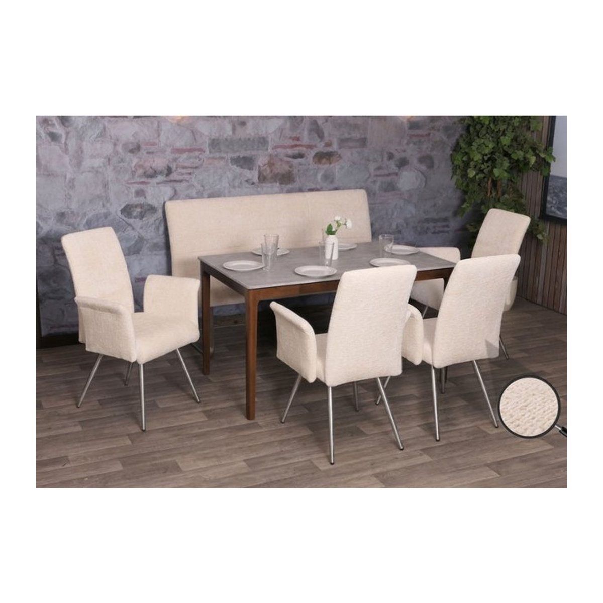 Esszimmer-Set MCW-G55 Modern in Beige mit 4 Stühlen mit Armlehnen und einer 160 cm langen Sitzbank aus Chenille und gebürstetem Edelstahl - Bild 1
