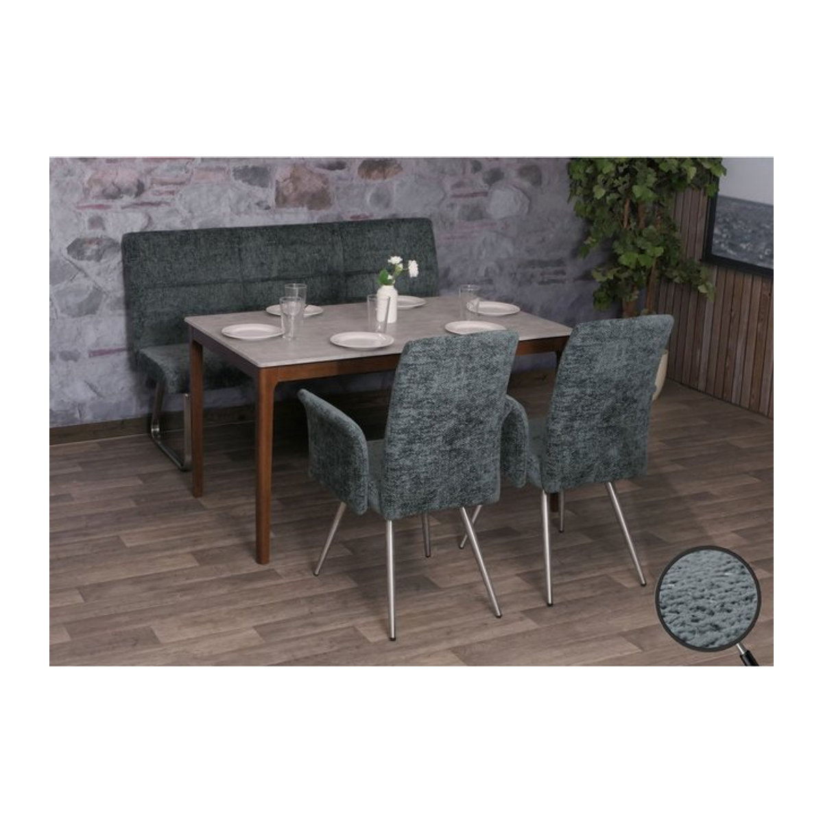 Esszimmer-Set MCW-G55 Modern mit 2 Stühlen mit Armlehnen und einer Sitzbank 160 cm aus Chenille in Blau-Grün mit gebürstetem Edelstahl - Bild 1