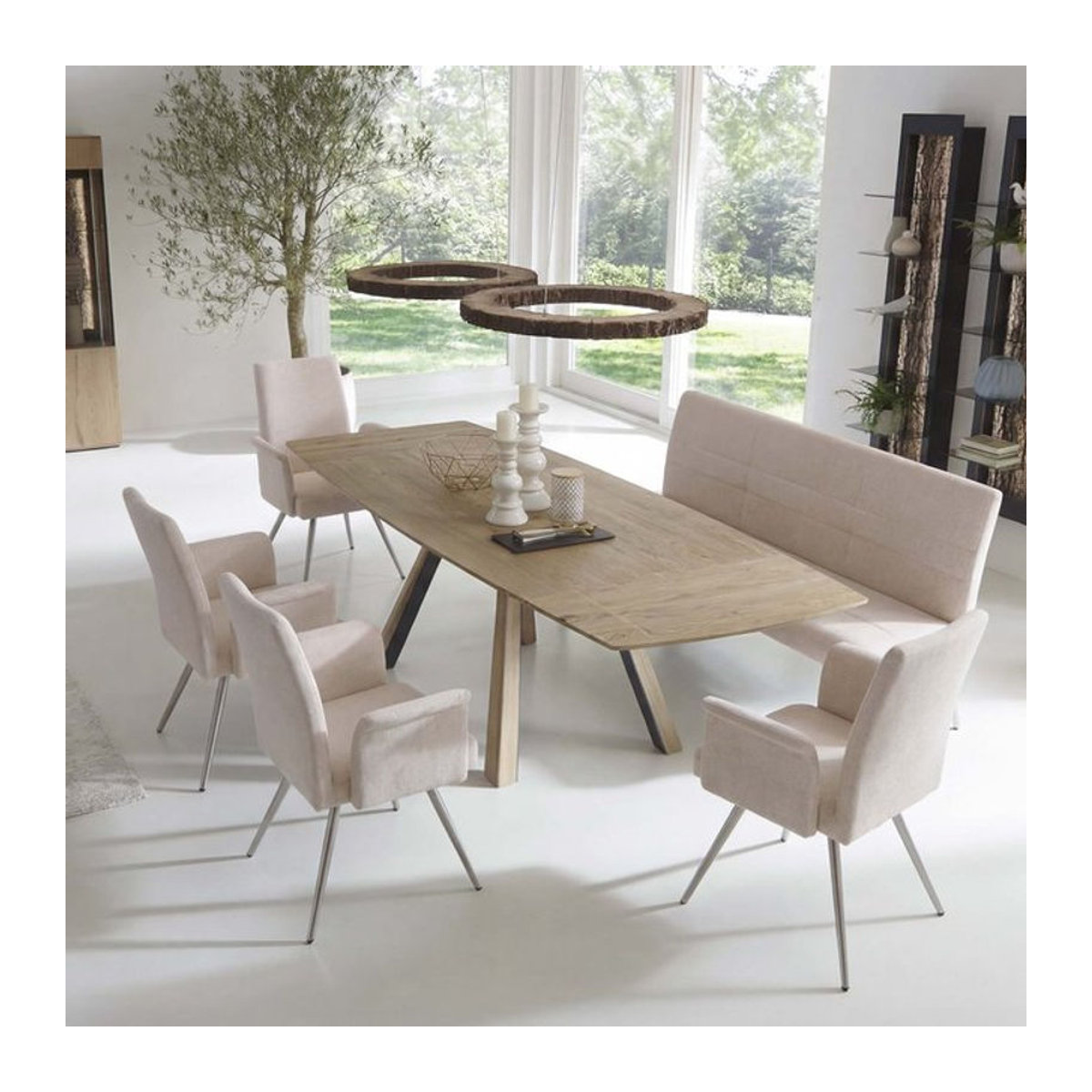 Esszimmer-Set MCW Modern in Beige mit 4 Stühlen mit Armlehnen und einer 180 cm langen Sitzbank aus Chenille und gebürstetem Edelstahl - Bild 1