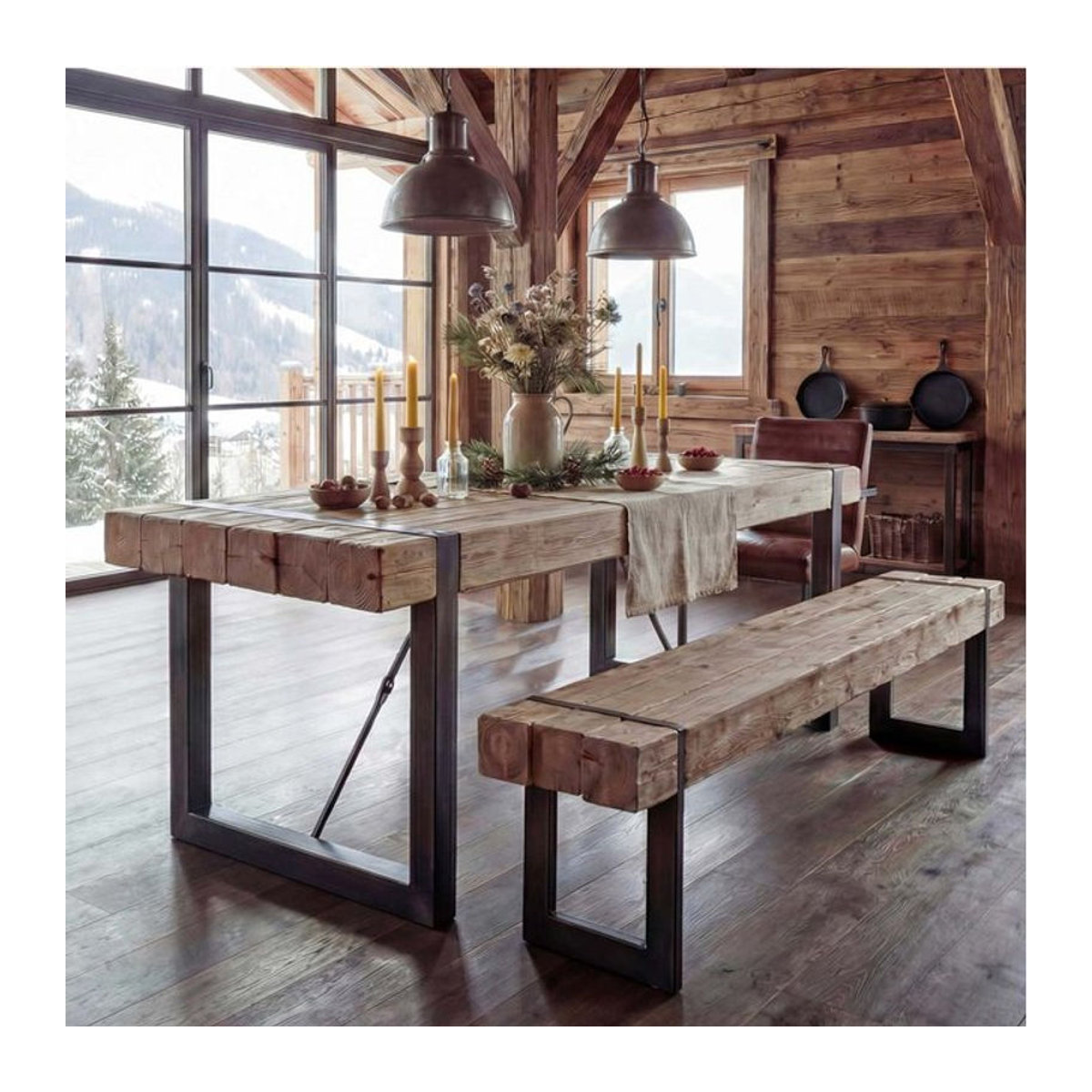 Esszimmergarnitur MCW Essgruppe aus massivem Tannenholz in Natur im Landhaus- und Industrial-Stil mit Esstisch und Sitzbank - Bild 1