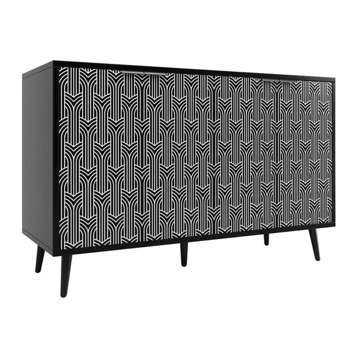 Esszimmerschrank FC in Schwarz mit geschnitztem Fischgrätenmuster und geometrischem Art-Deco-Design, B/T/H: 120 x 35 x 78 cm - Bild 1
