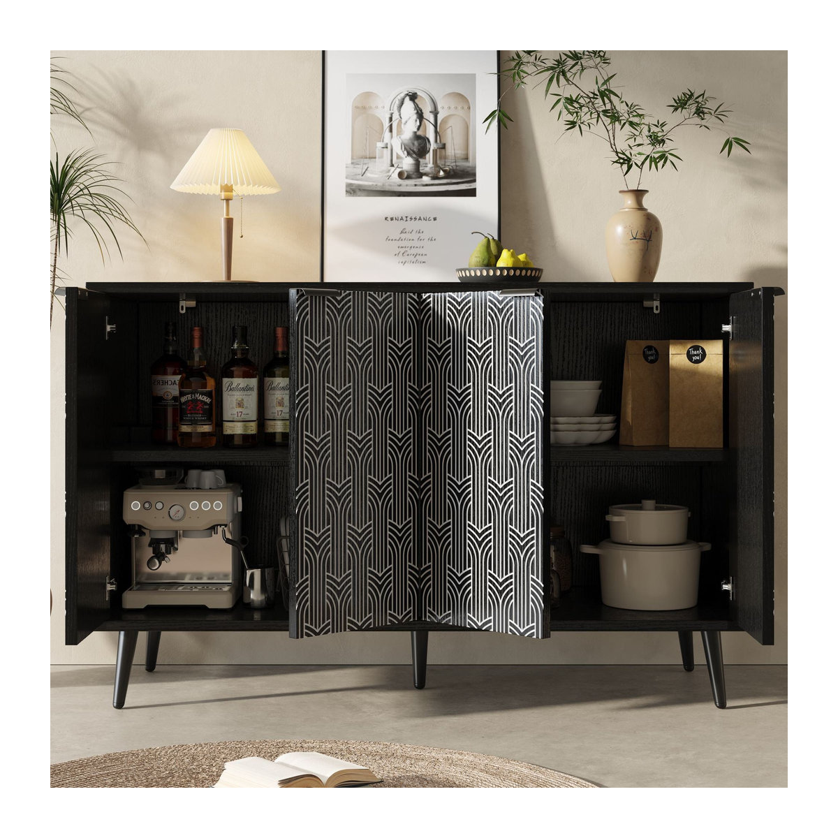 Esszimmerschrank FC in Schwarz mit geschnitztem Fischgrätenmuster und geometrischem Art-Deco-Design, B/T/H: 120 x 35 x 78 cm - Bild 2