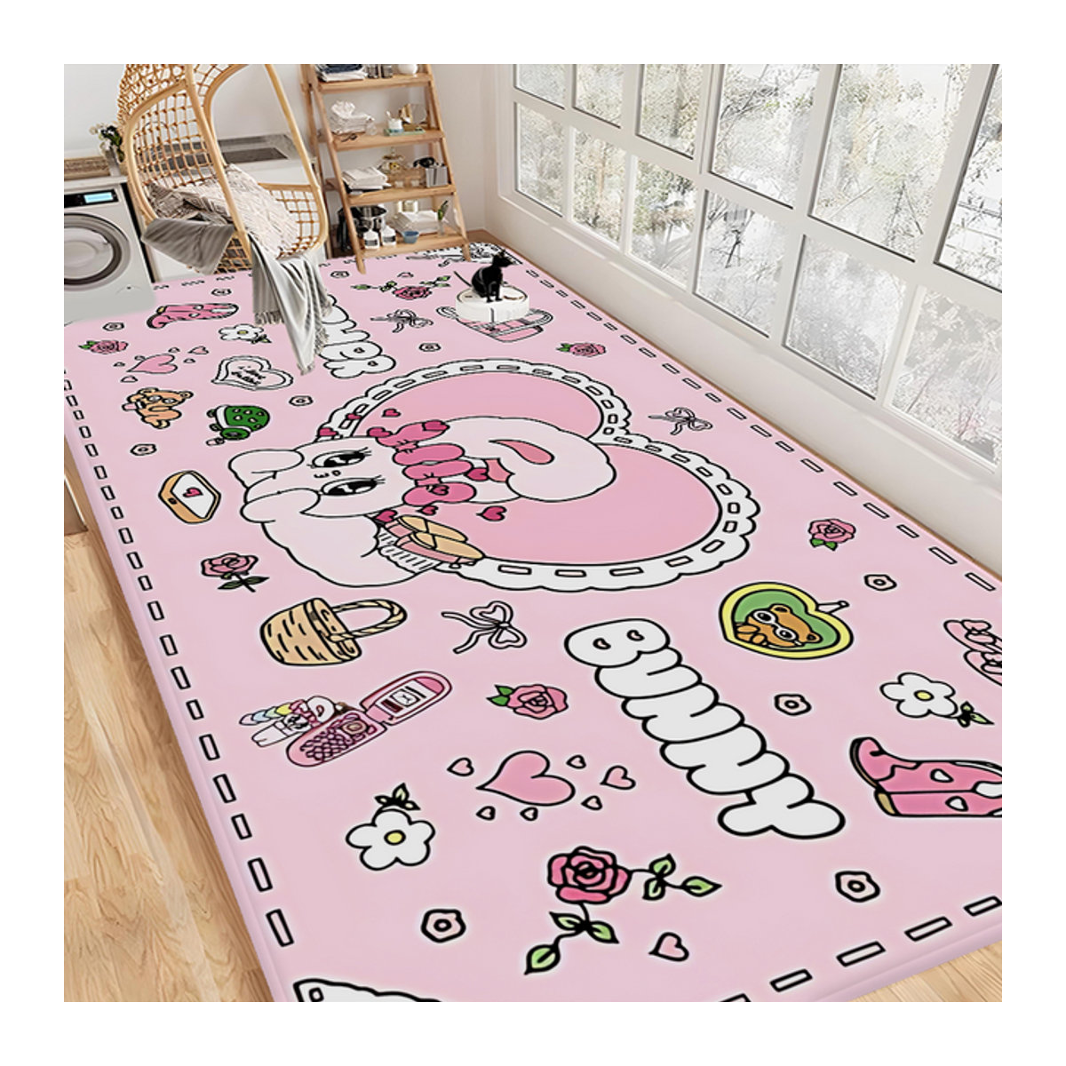 Esther Bunny Flur Teppich Rosa mit Print, weiche Matte für Schlafzimmer und Haus mit Anti-Rutsch-Funktion - Bild 1